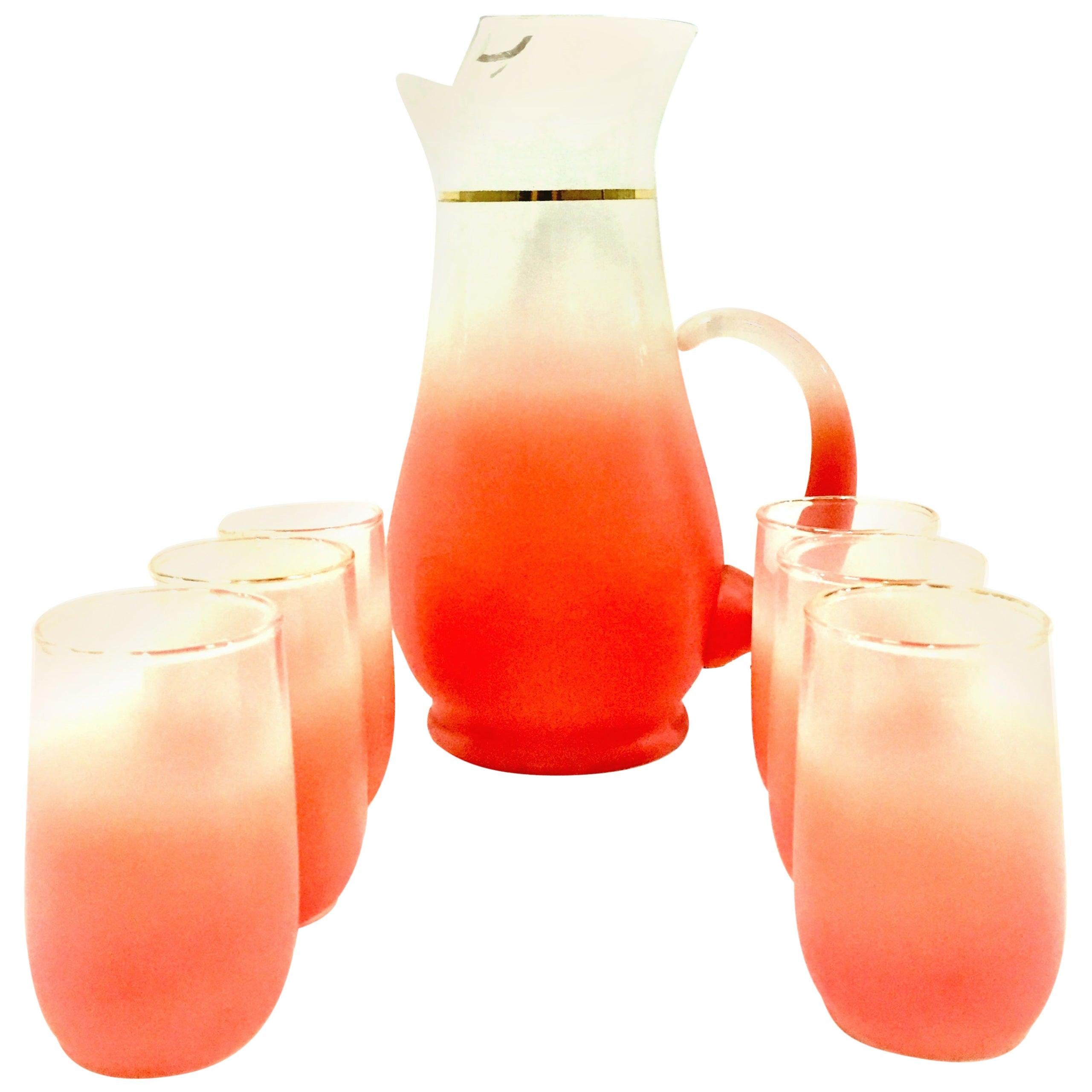 1950'S Frosted Peach and 22-Karat Gold Drinks Set of Seven Pieces by, Blendo For Sale