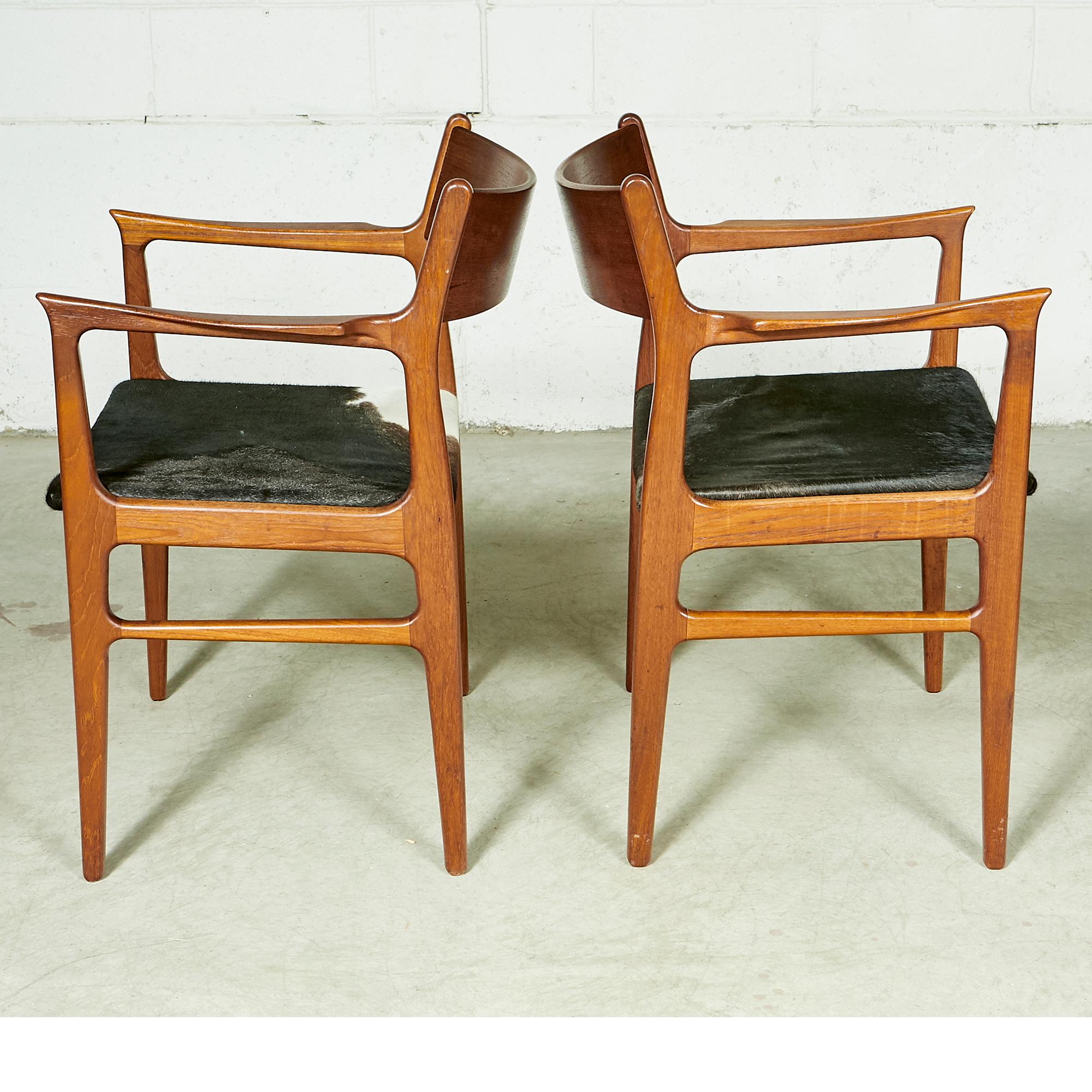 Scandinavian Modern 1950s Funder-Schmidt Madsen Odense Denmark Teak Arm Chairs w/ Cowhide Seats, Pr For Sale