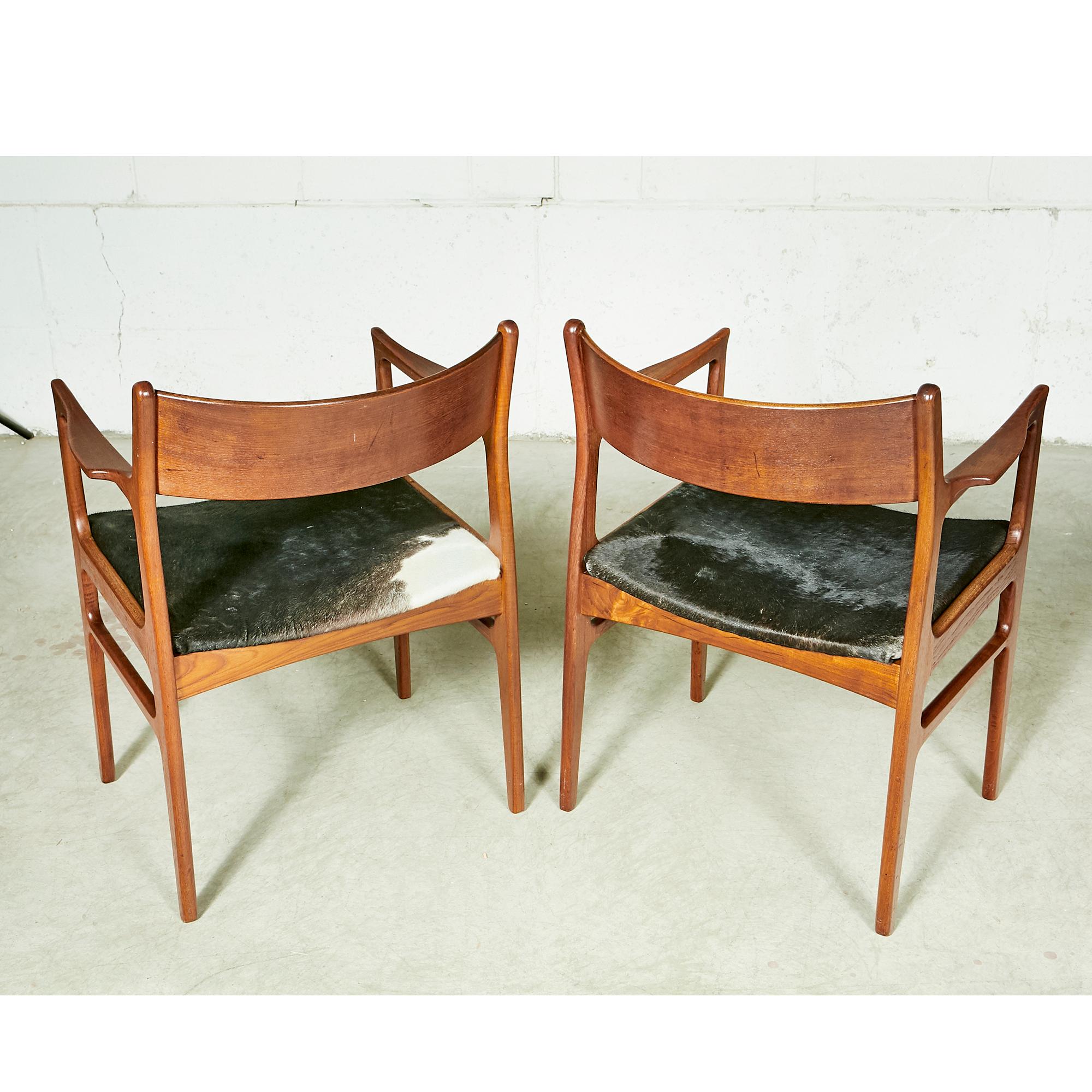 Danish 1950s Funder-Schmidt Madsen Odense Denmark Teak Arm Chairs w/ Cowhide Seats, Pr For Sale