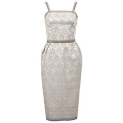 1950s Galerias Preciados Silver & Gold Brocade Wriggle Style Cocktail Dress