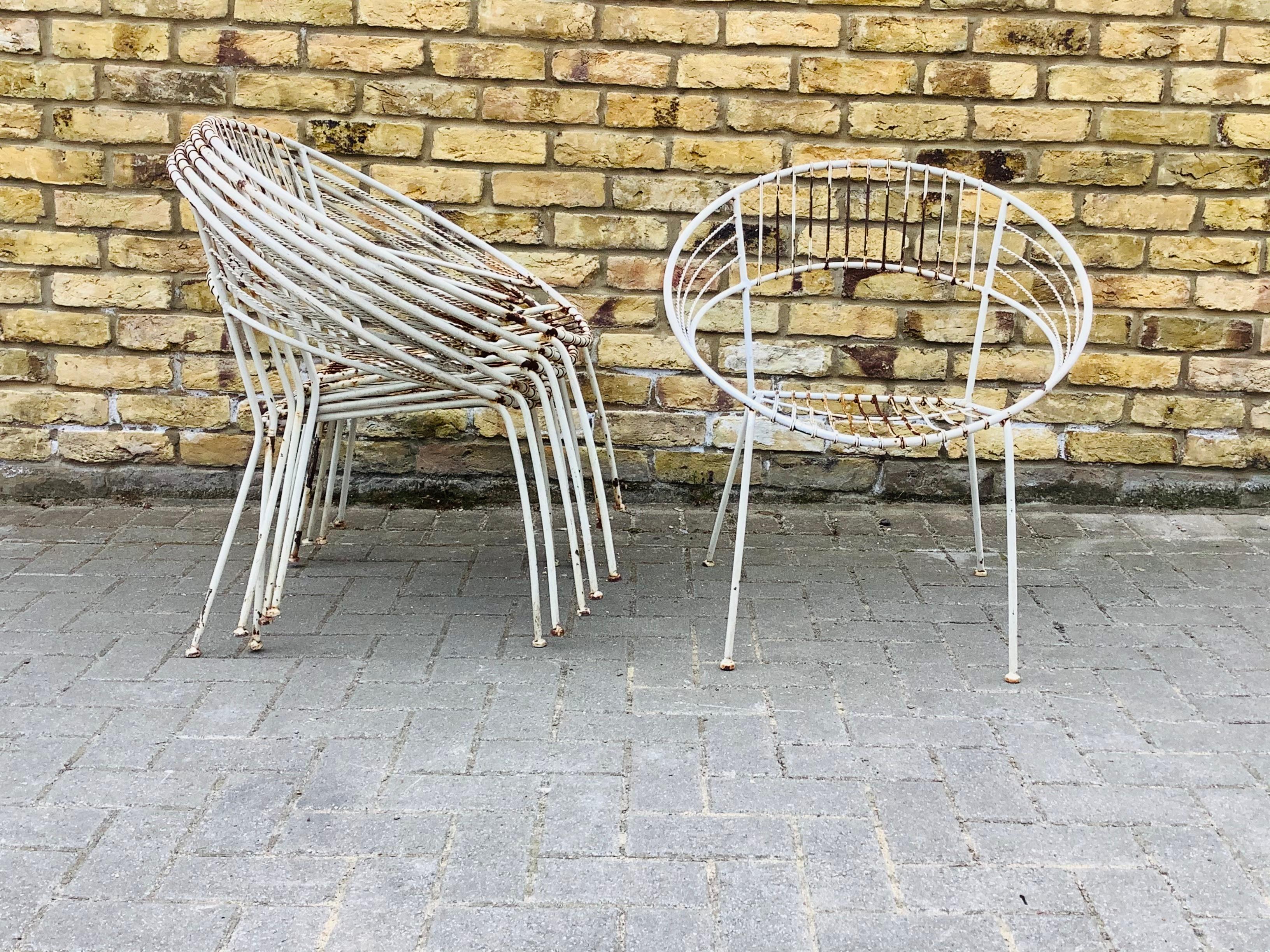 A set of six rare stackable garden chairs wonderful shape and wear 
Mild steel Cc1950’s, French.