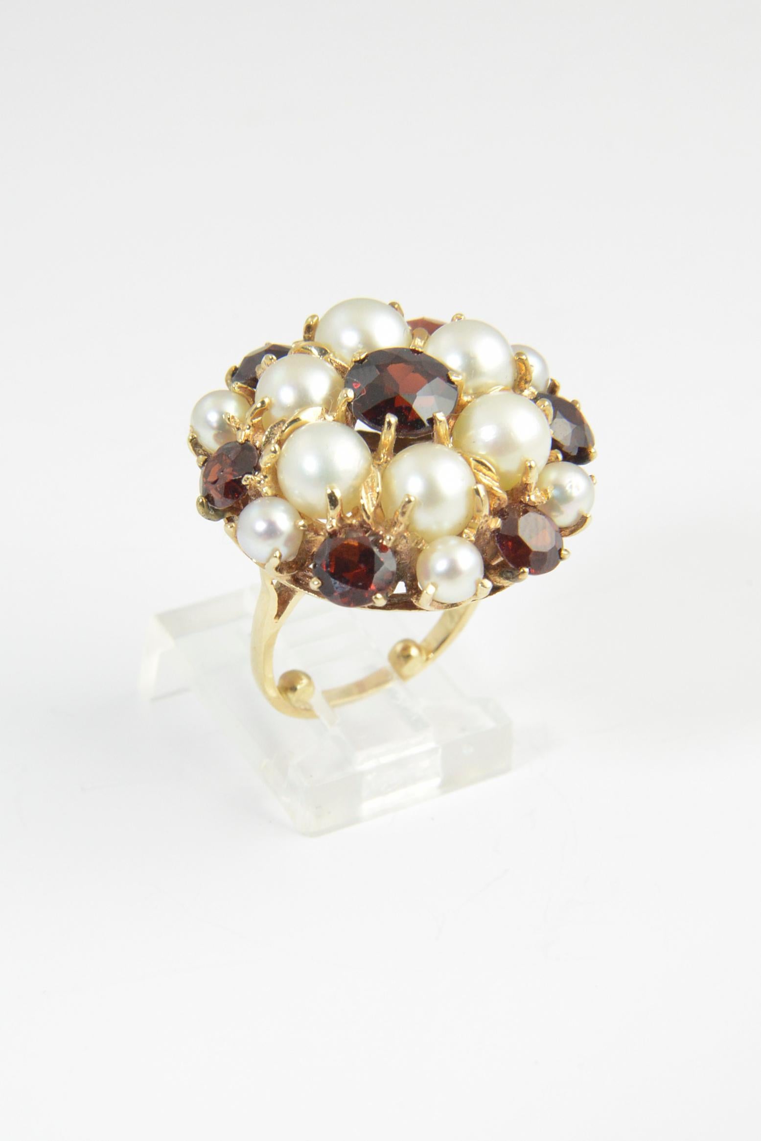 Bead 1950s Garnet and Pearl Yellow Gold Dome Ring