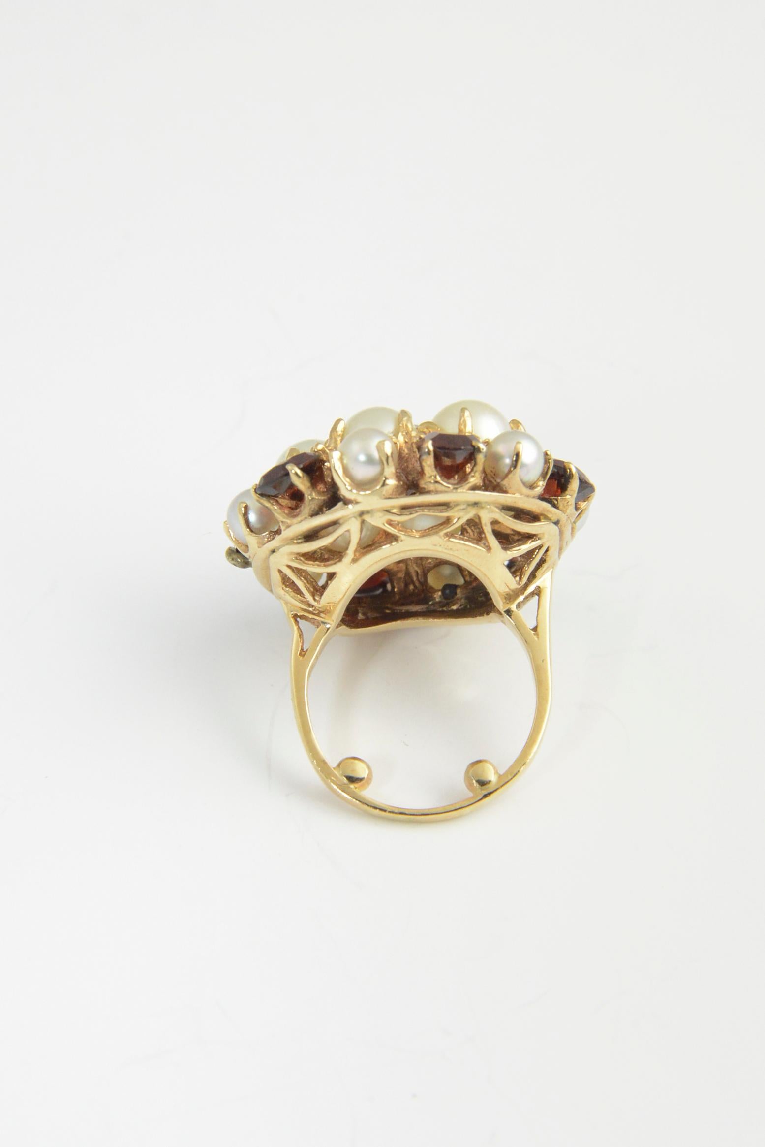 Women's 1950s Garnet and Pearl Yellow Gold Dome Ring