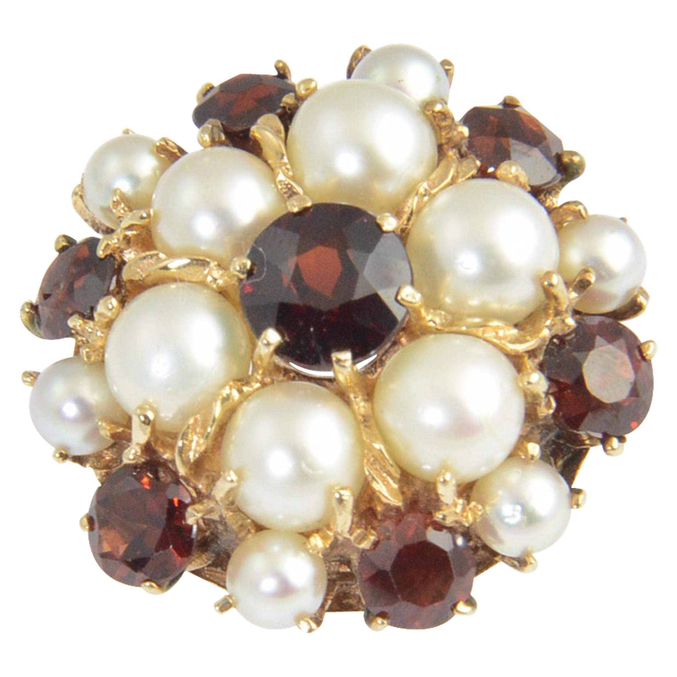 1950s Garnet and Pearl Yellow Gold Dome Ring