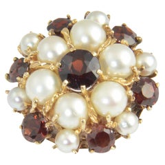 Vintage 1950s Garnet and Pearl Yellow Gold Dome Ring