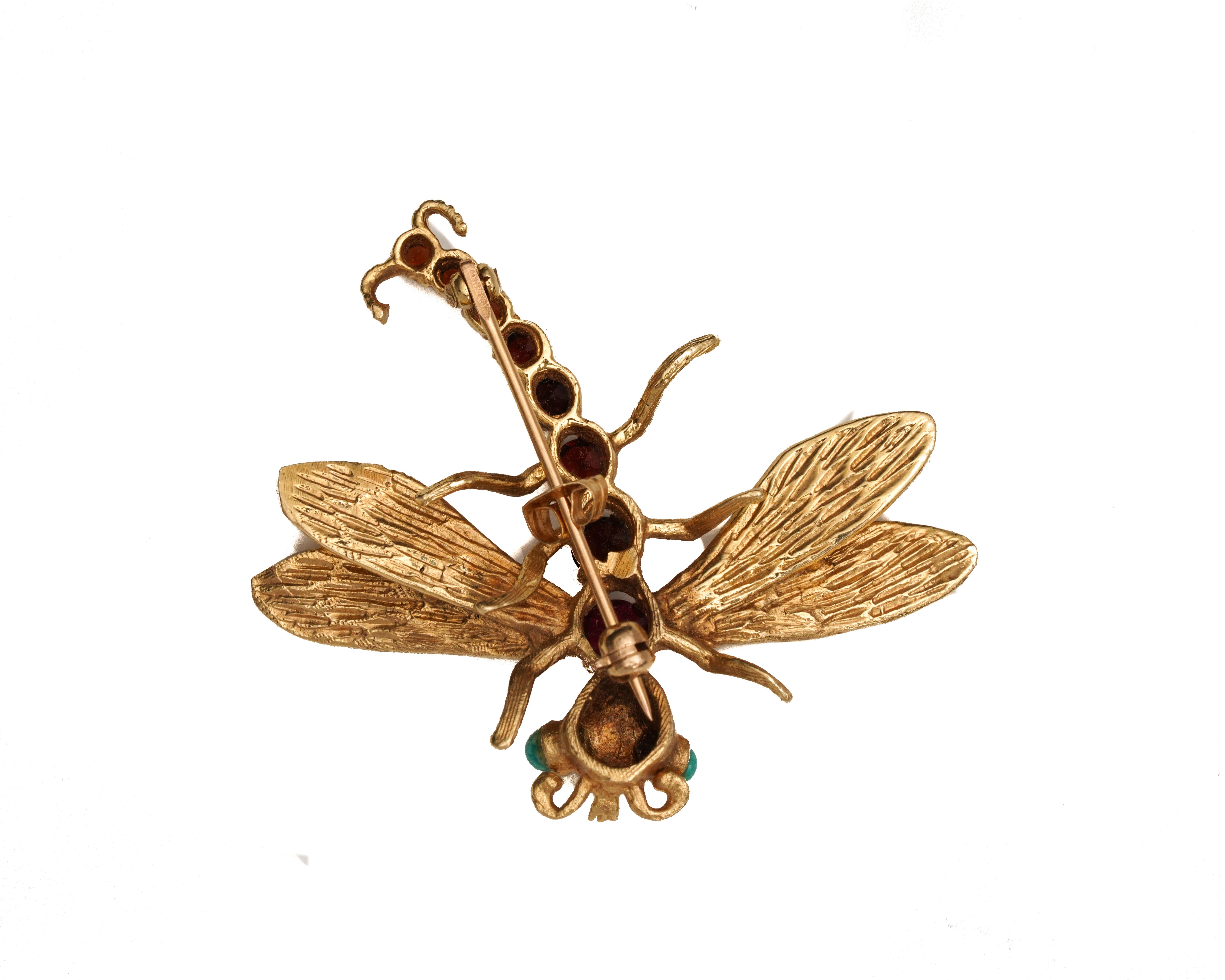 Rétro Broche libellule en or 14 carats, grenat et turquoise, années 1950 en vente