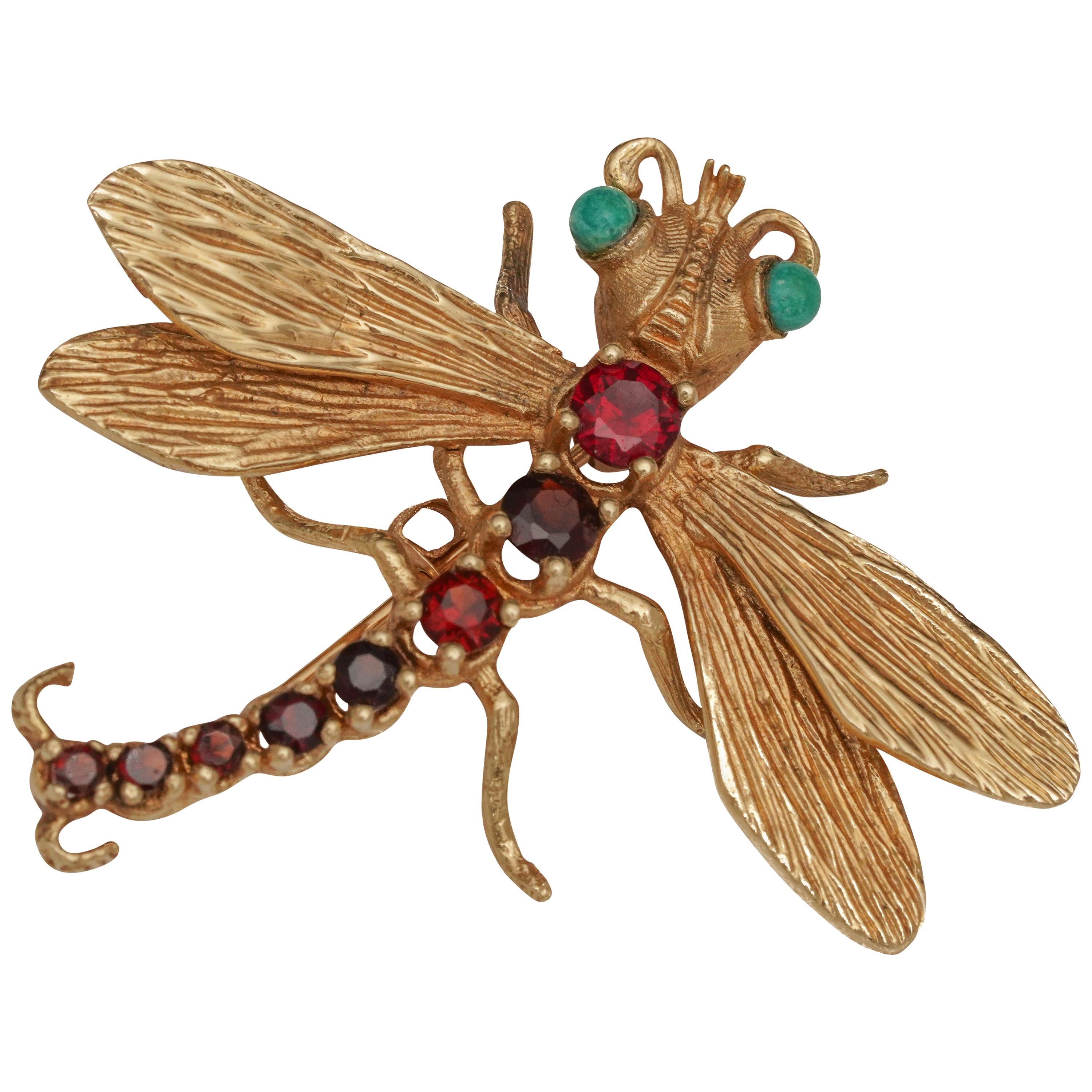 1950s Garnet and Turquoise 14 Karat Gold Dragonfly For Sale