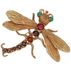 Retro 1950s Garnet and Turquoise 14 Karat Gold Dragonfly