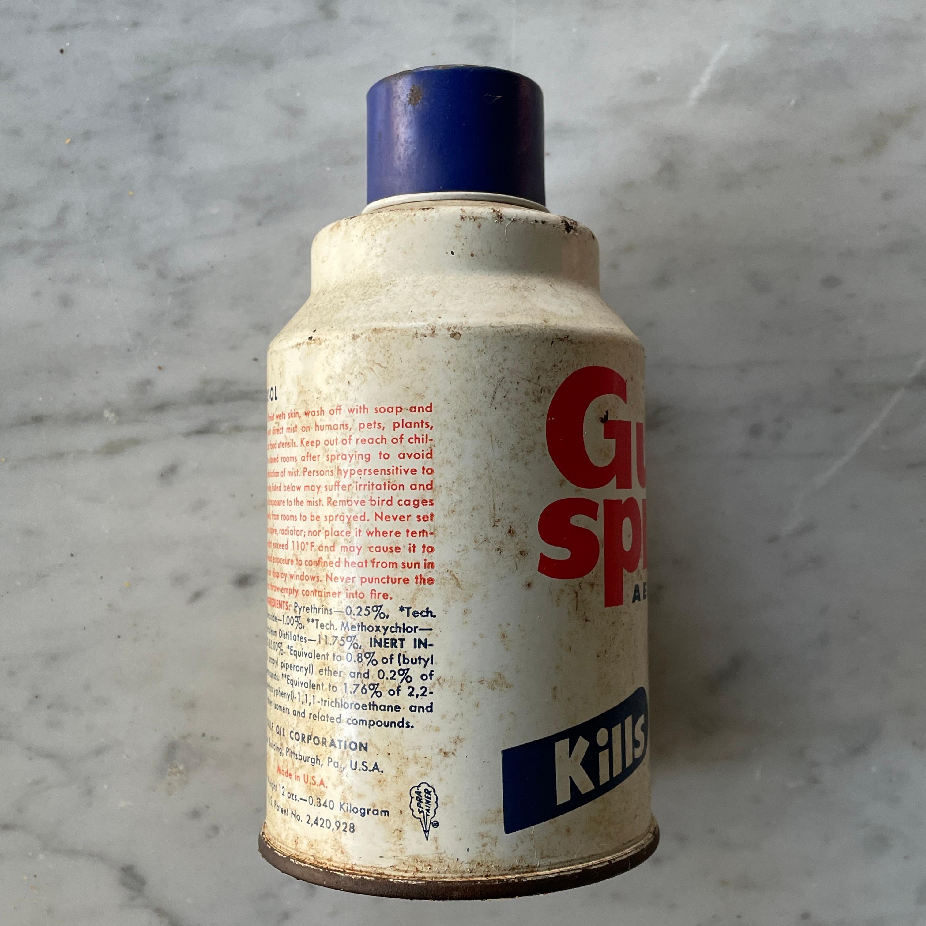 Gulf Oil Corporation Spray Can
USA, c.1957
Spray can with red, white, green, and blue text on white label and insect graphics. Round blue removable cap. No leaks, No holes.
Dia 3 x H 5.5 in.
