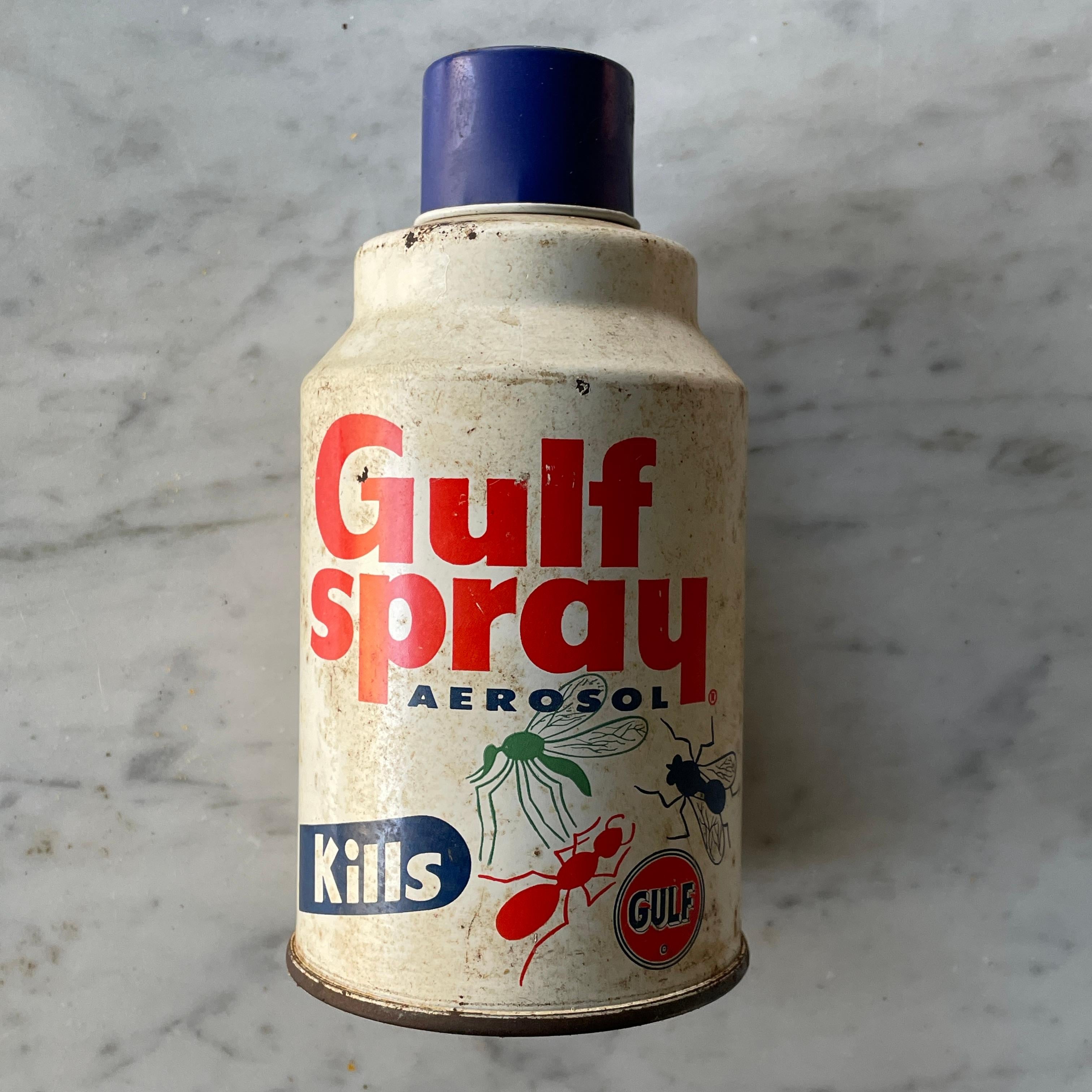 Mid-Century Modern 1950s Gas Station Object Gulf Oil Tin Bug Spray Can Advertising Graphics Prop For Sale
