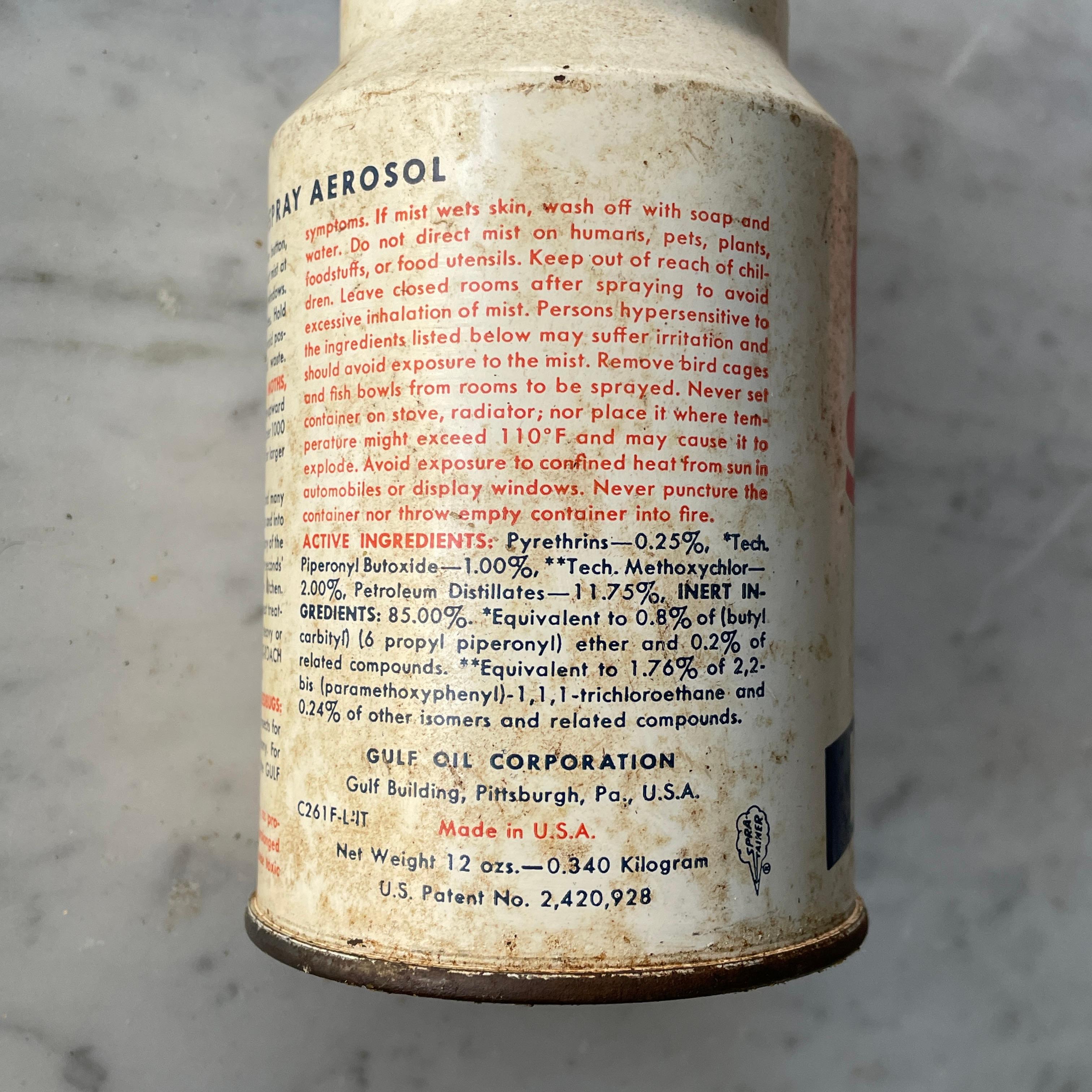 Steel 1950s Gas Station Object Gulf Oil Tin Bug Spray Can Advertising Graphics Prop For Sale