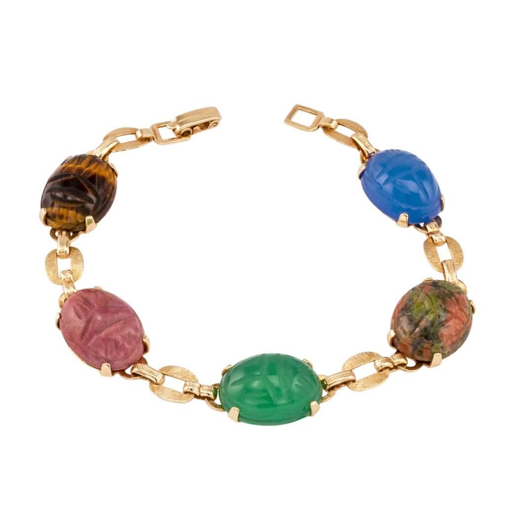 1950s Gemstone Scarab Gold Bracelet