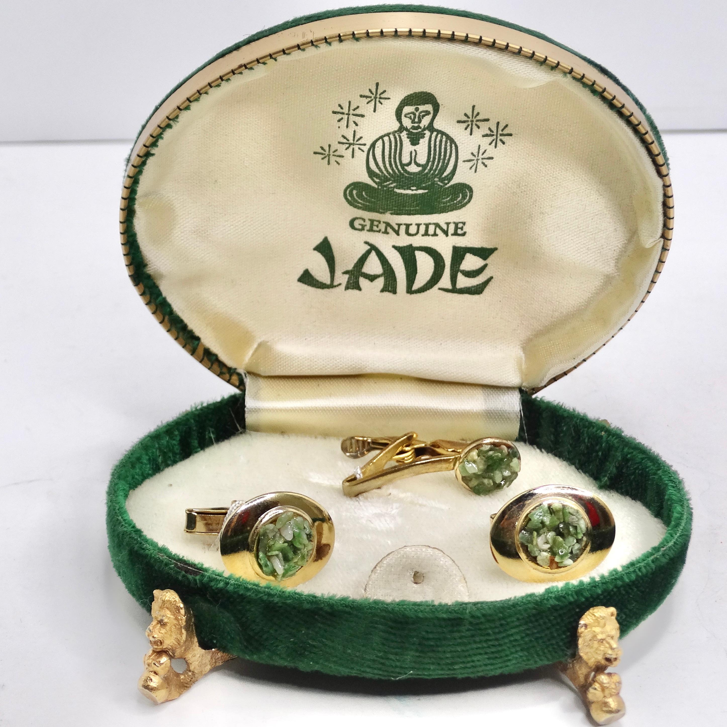 1950s Genuine Jade Cuff Link and Tie Clip Set For Sale 1