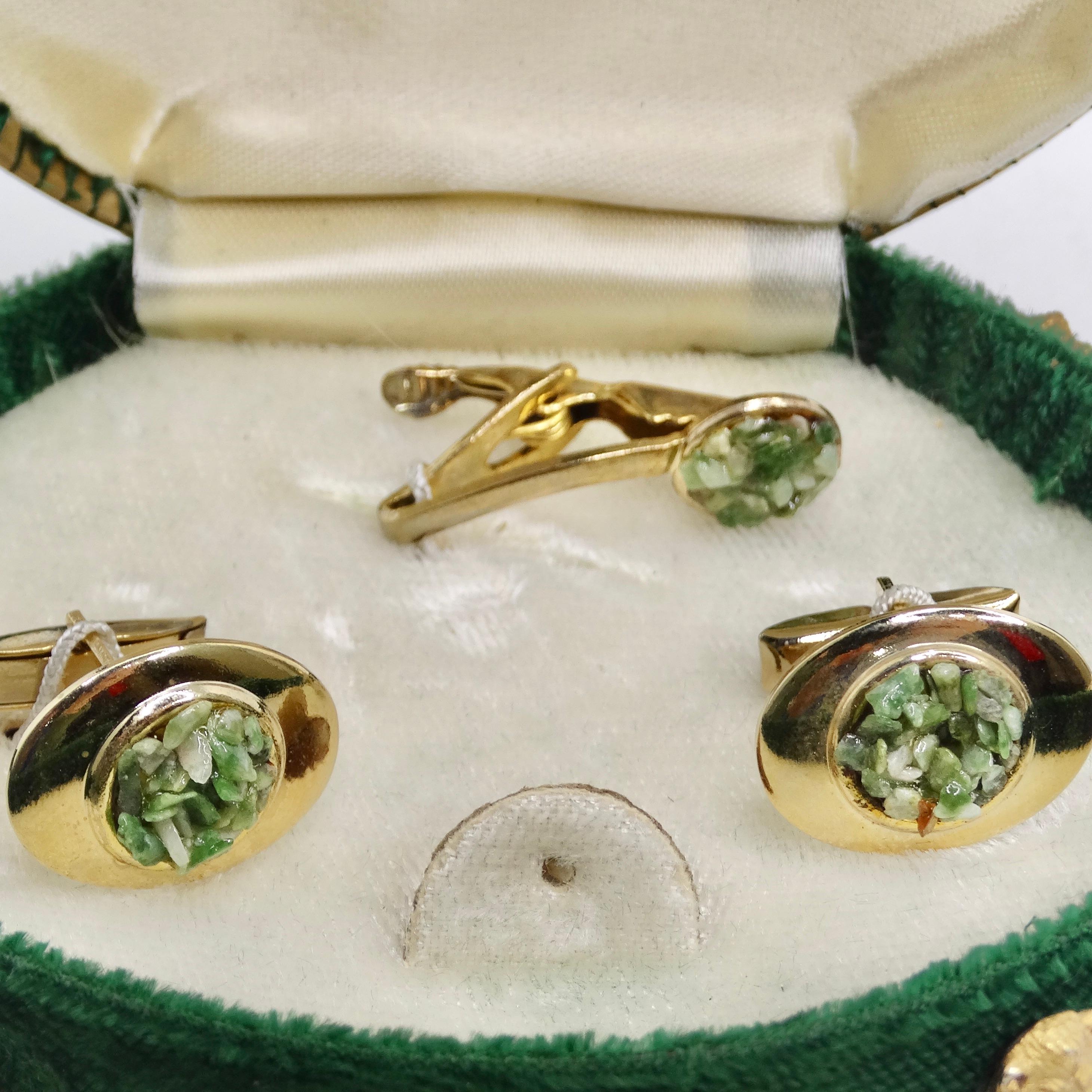 1950s Genuine Jade Cuff Link and Tie Clip Set For Sale 2