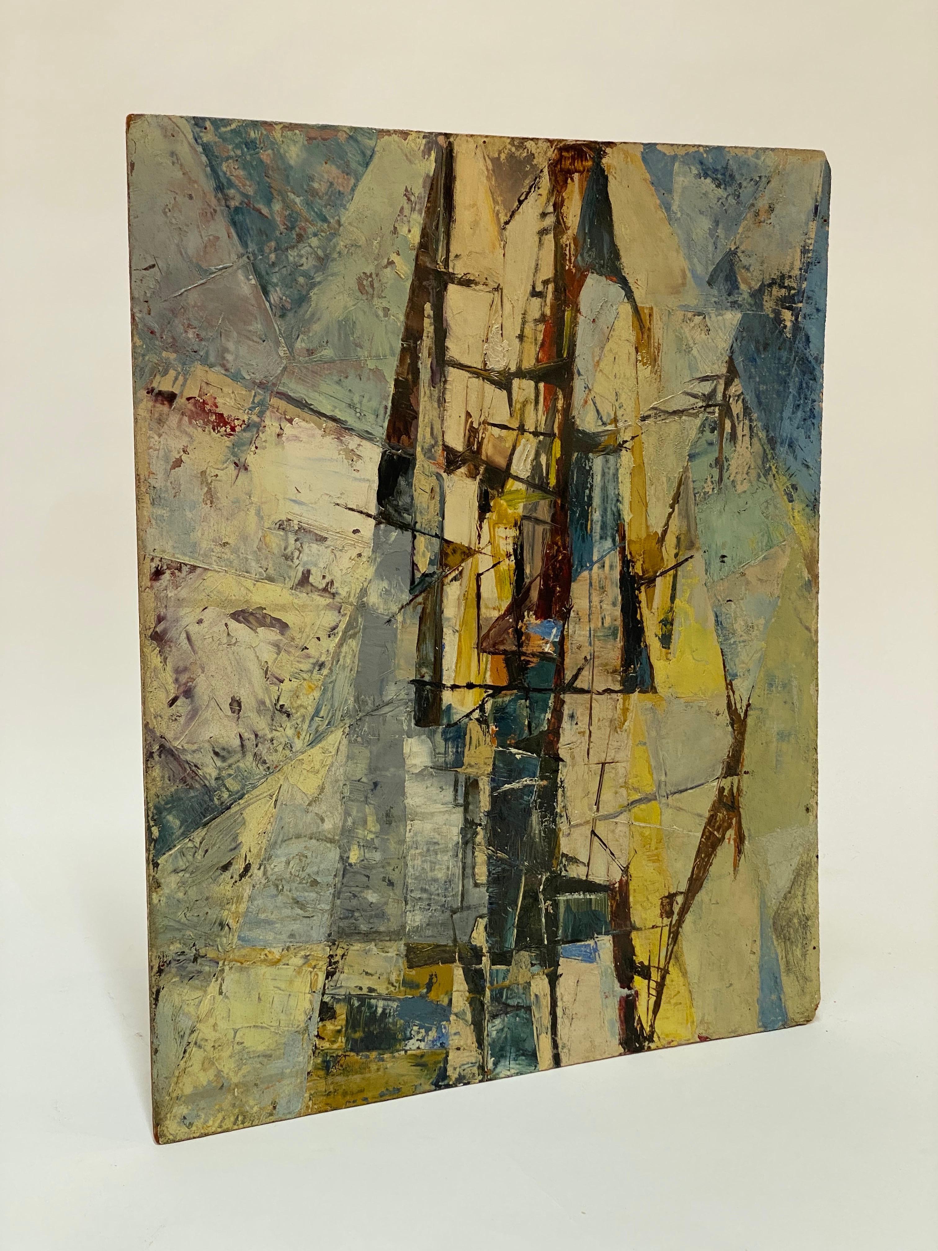 Une peinture à l'huile expressionniste abstraite d'époque sur masonite. Une pièce finement rendue qui révèle une surface très travaillée du médium avec des coups de pinceau et de couteau à palette. Circa 1950-60. Non signée. Cette pièce a été