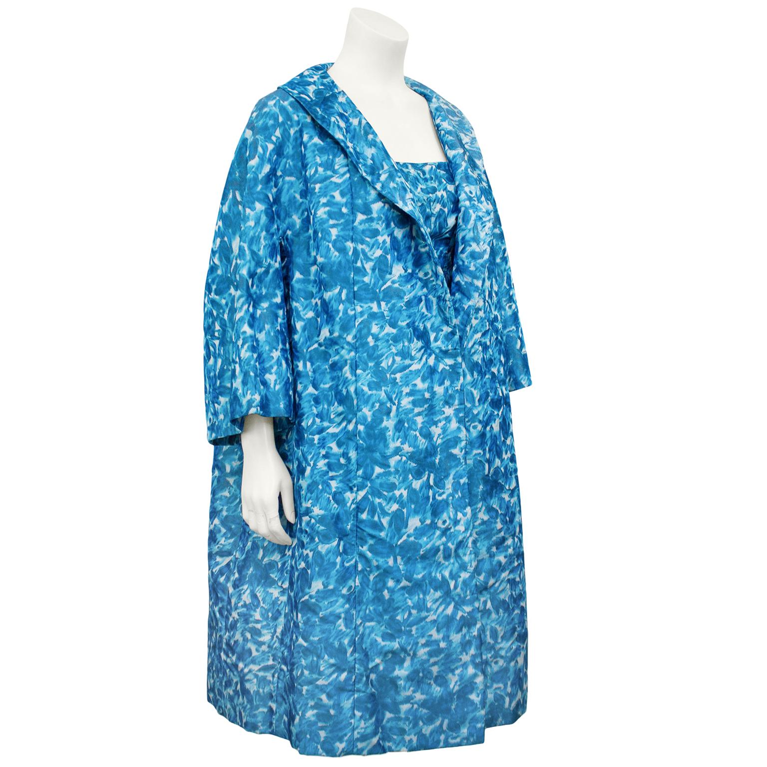 Women's 1950s George Carmel Blue Silk Taffeta Cocktail Dress and Opera Coat Ensemble For Sale