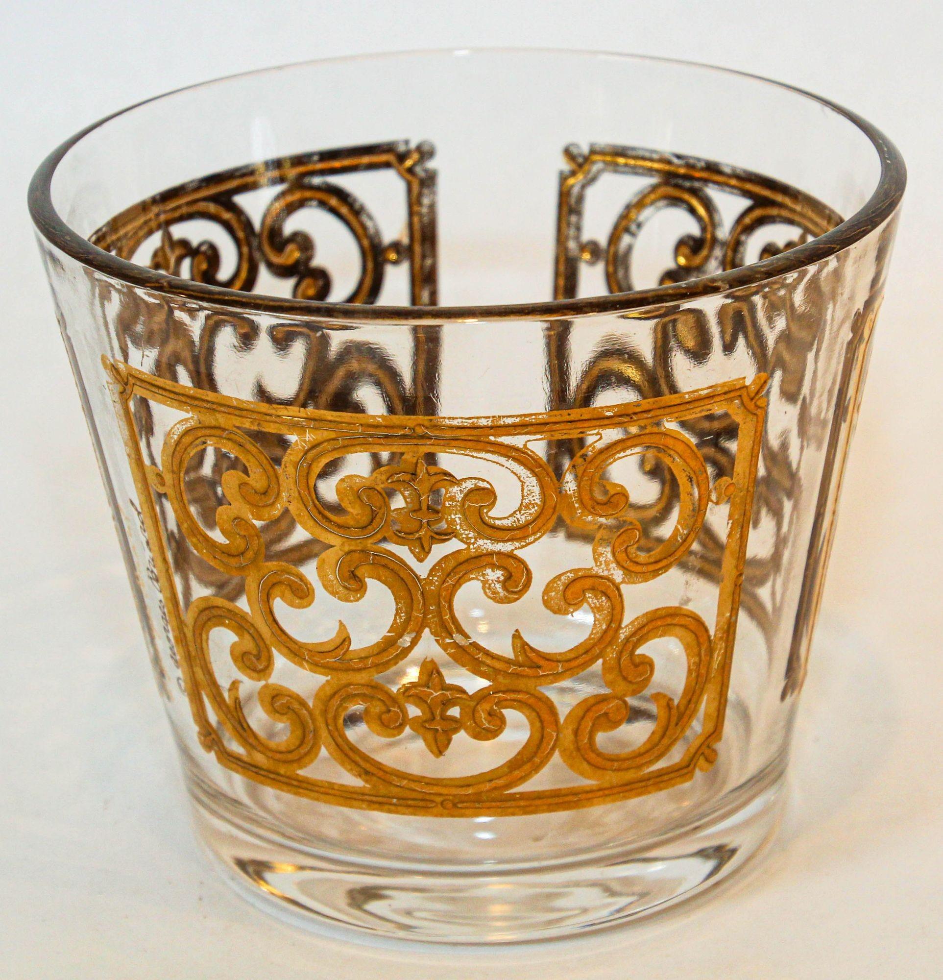 1950s Georges Briard Glass Ice Bucket Luxury Barware 22 K Gold Spanish Scroll For Sale 8