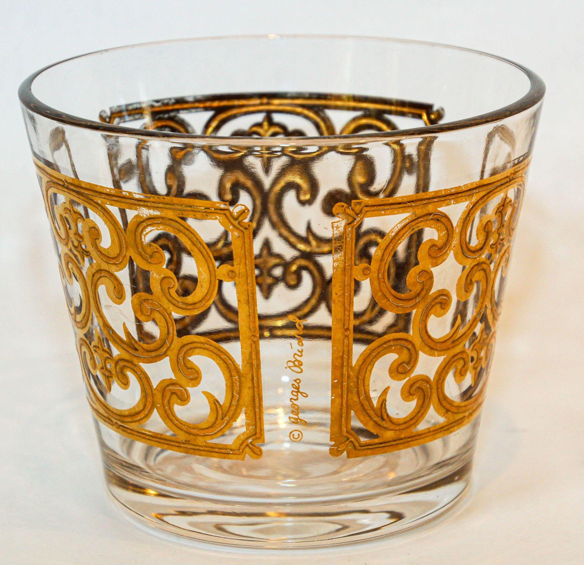 1950s Georges Briard Glass Ice Bucket Luxury Barware 22 K Gold Spanish Scroll For Sale 10