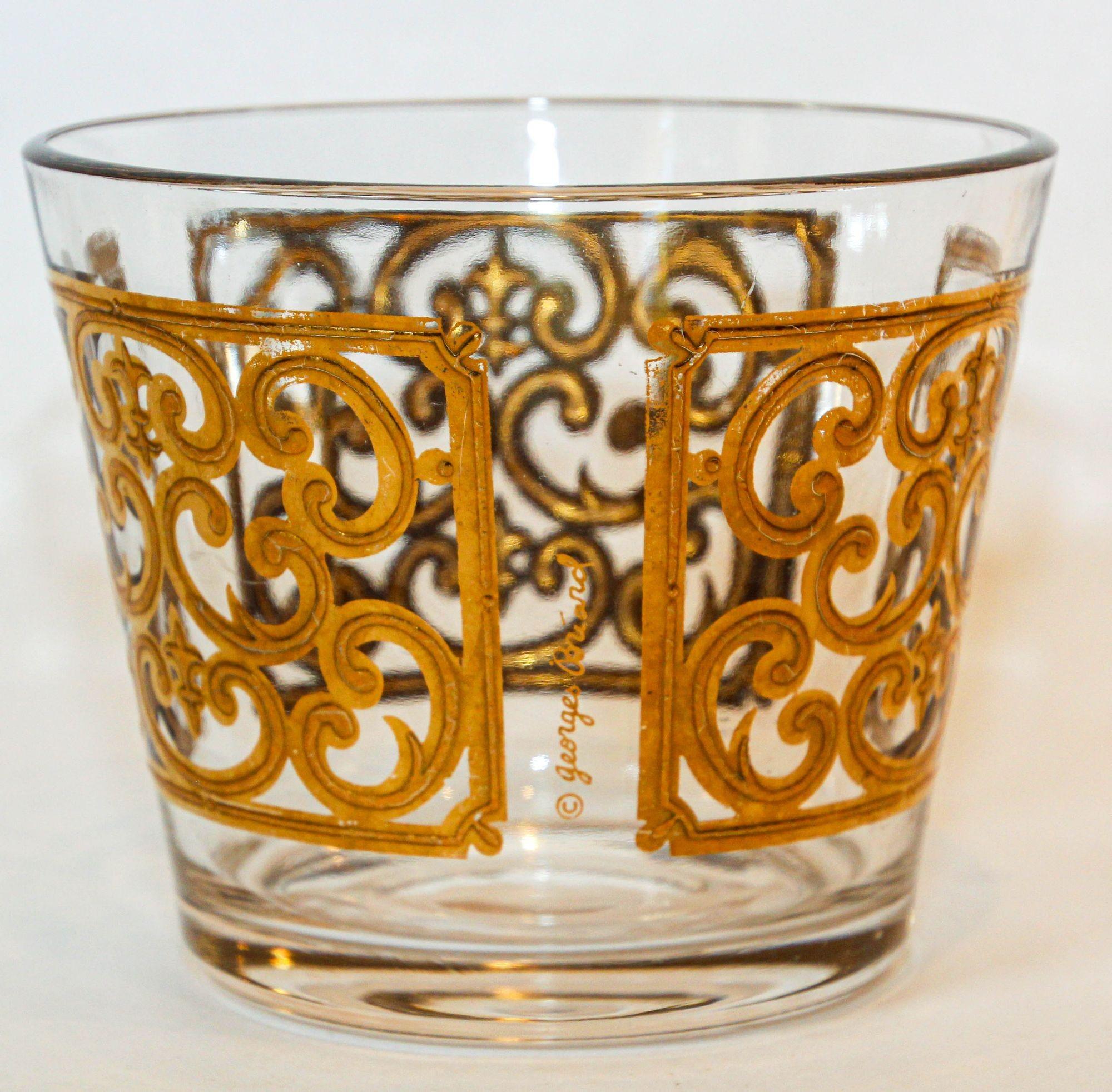 Moorish 1950s Georges Briard Glass Ice Bucket Luxury Barware 22 K Gold Spanish Scroll For Sale