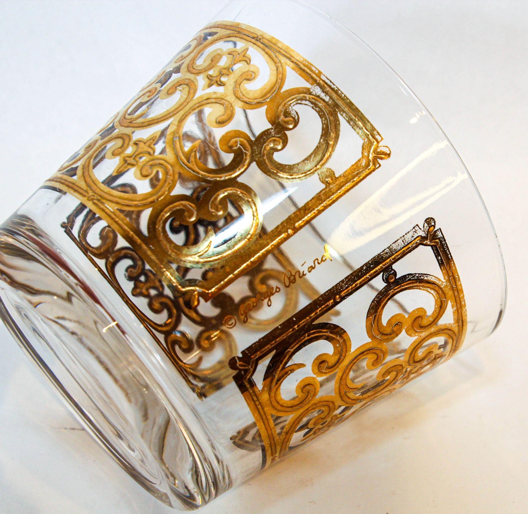 Art Glass 1950s Georges Briard Glass Ice Bucket Luxury Barware 22 K Gold Spanish Scroll For Sale