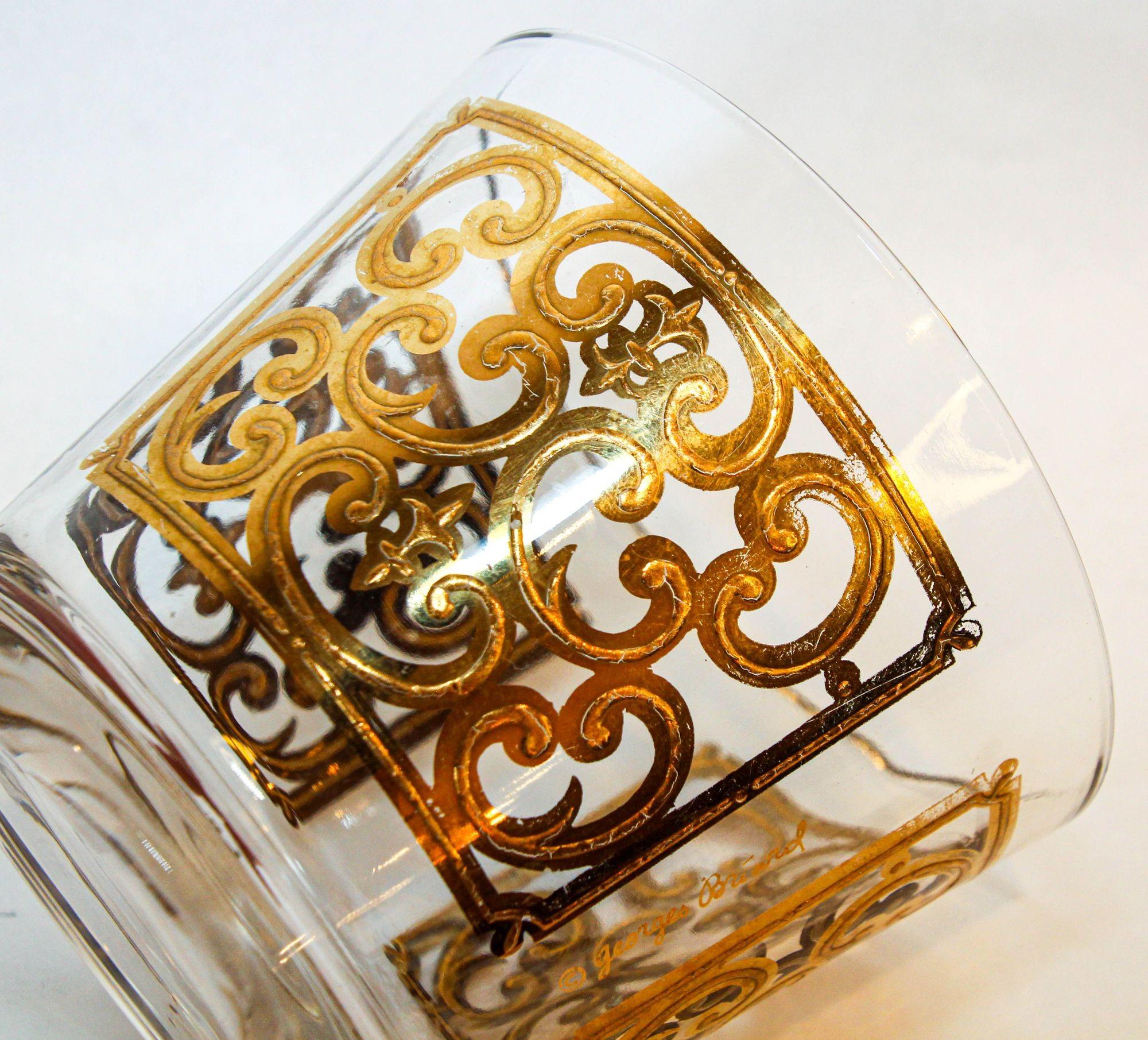 1950s Georges Briard Glass Ice Bucket Luxury Barware 22 K K Gold Spanish Scroll en vente 1