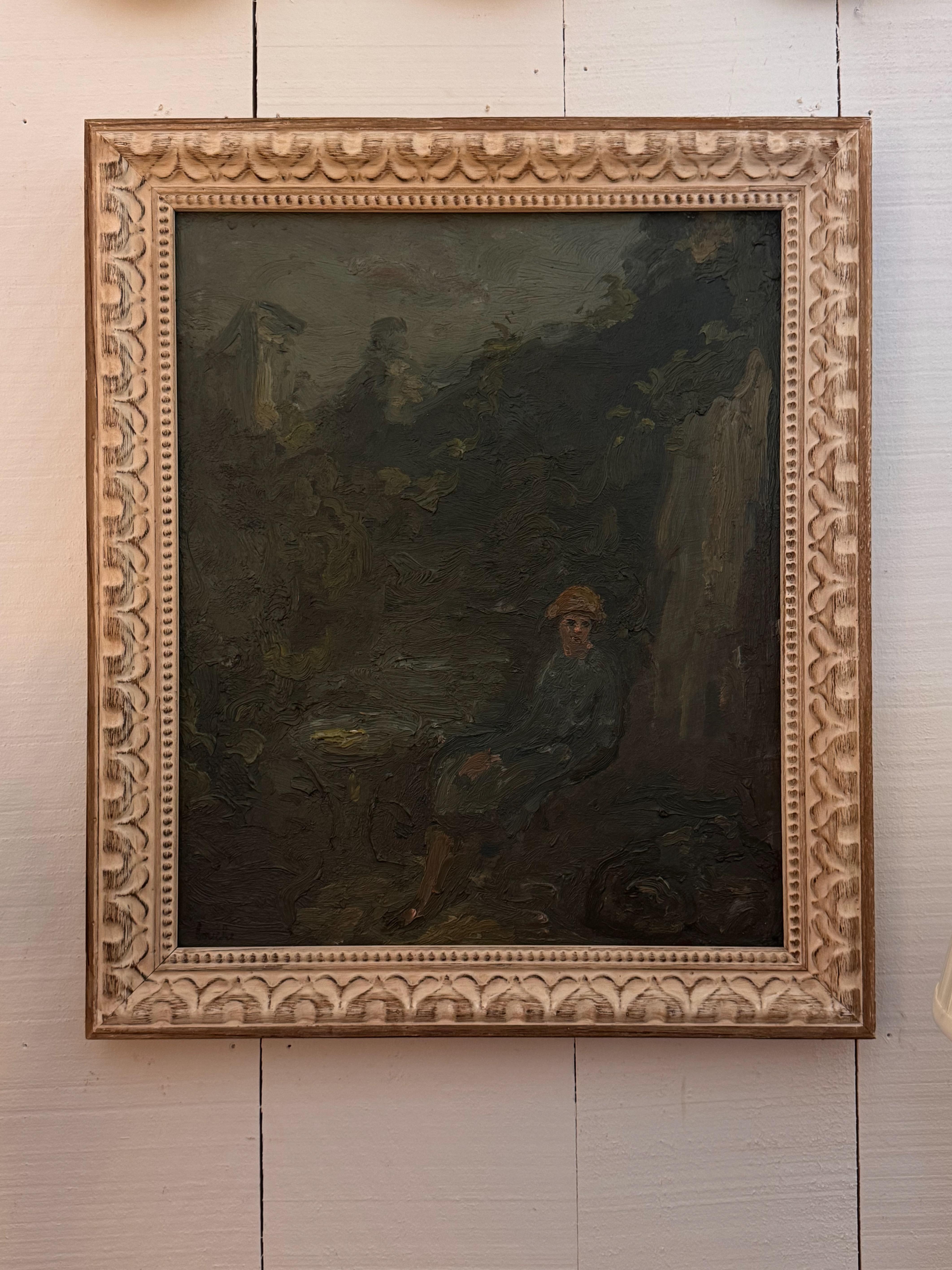 A moody piece of art. A man sitting in a landscape .