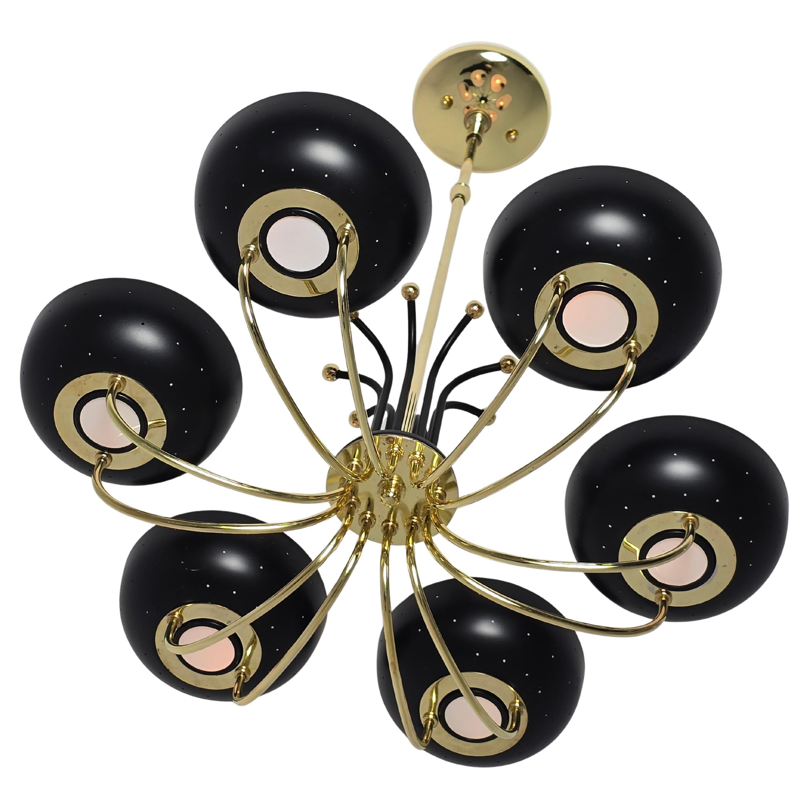 1950s Gerald Thurston 6  Arms Brass Chandelier with Enameled Pierced Shade