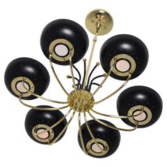 1950s Gerald Thurston 6  Arms Brass Chandelier with Enameled Pierced Shade