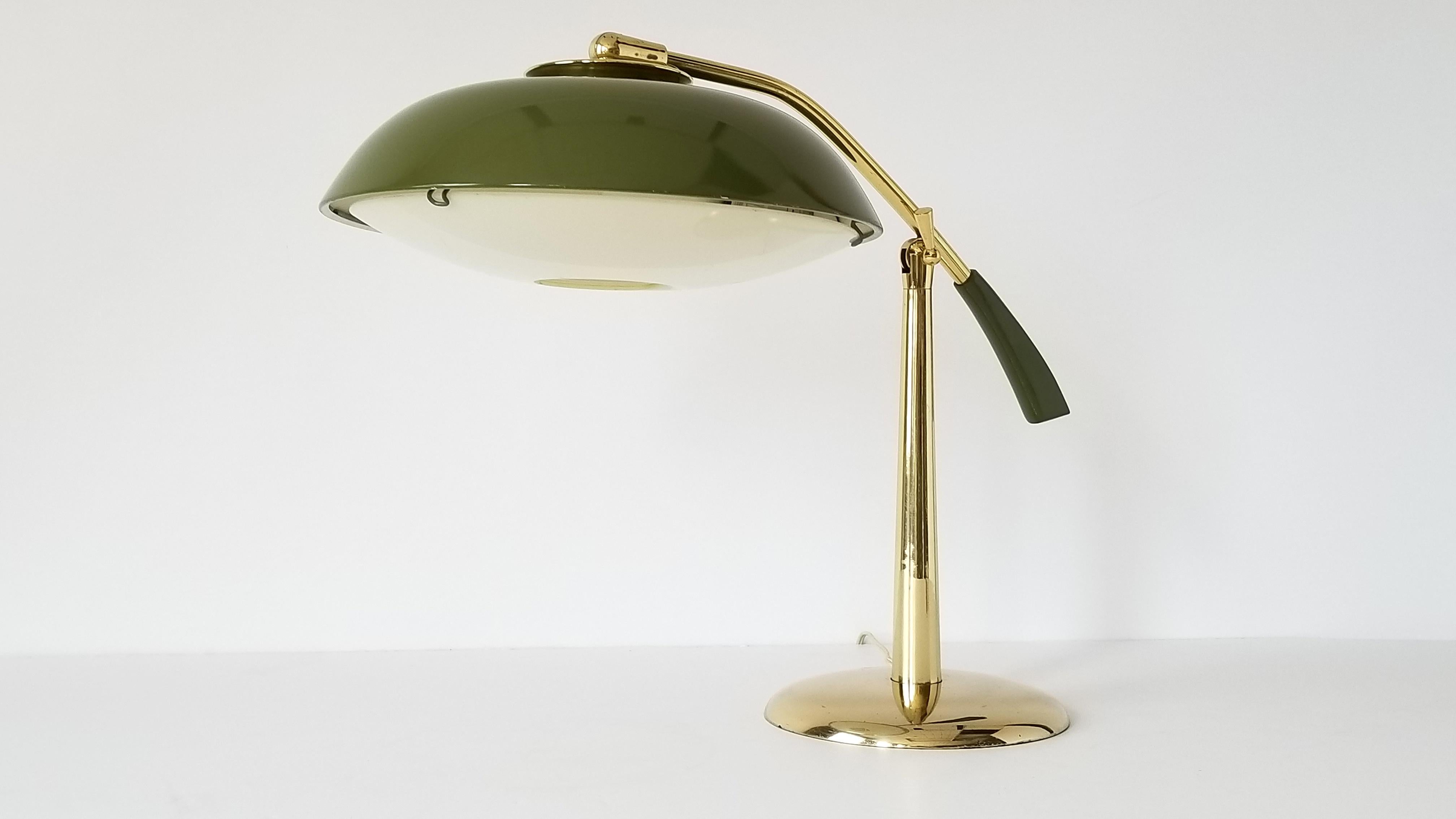 Mid-Century Modern 1950s Gerald Thurston Brass Table Lamp with Enameled Shade, USA