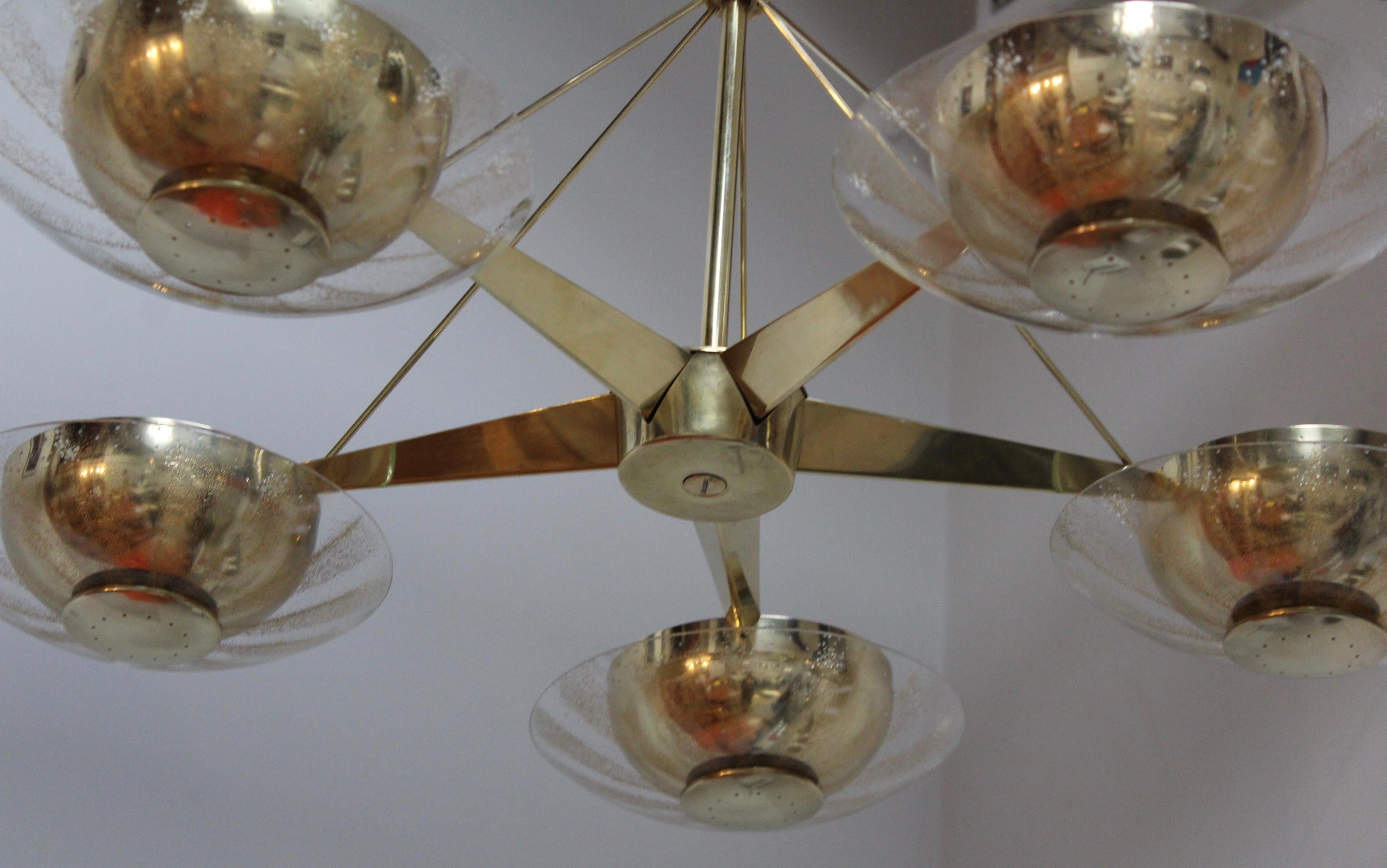 1950s Gerald Thurston for Lightolier Brass and Glass Chandelier 5