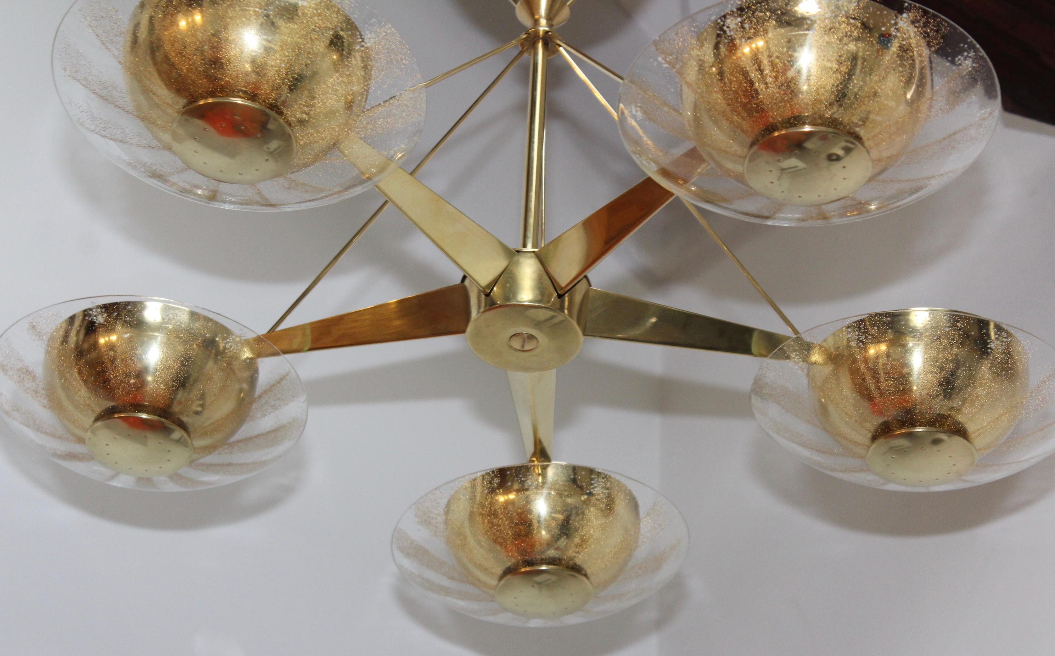 20th Century 1950s Gerald Thurston for Lightolier Brass and Glass Chandelier