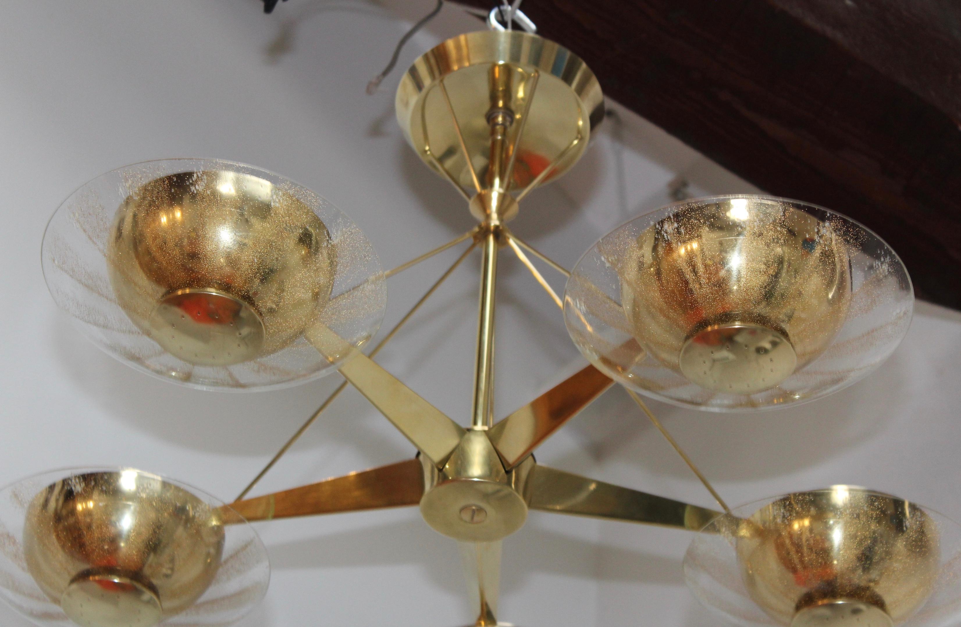 1950s Gerald Thurston for Lightolier Brass and Glass Chandelier 2