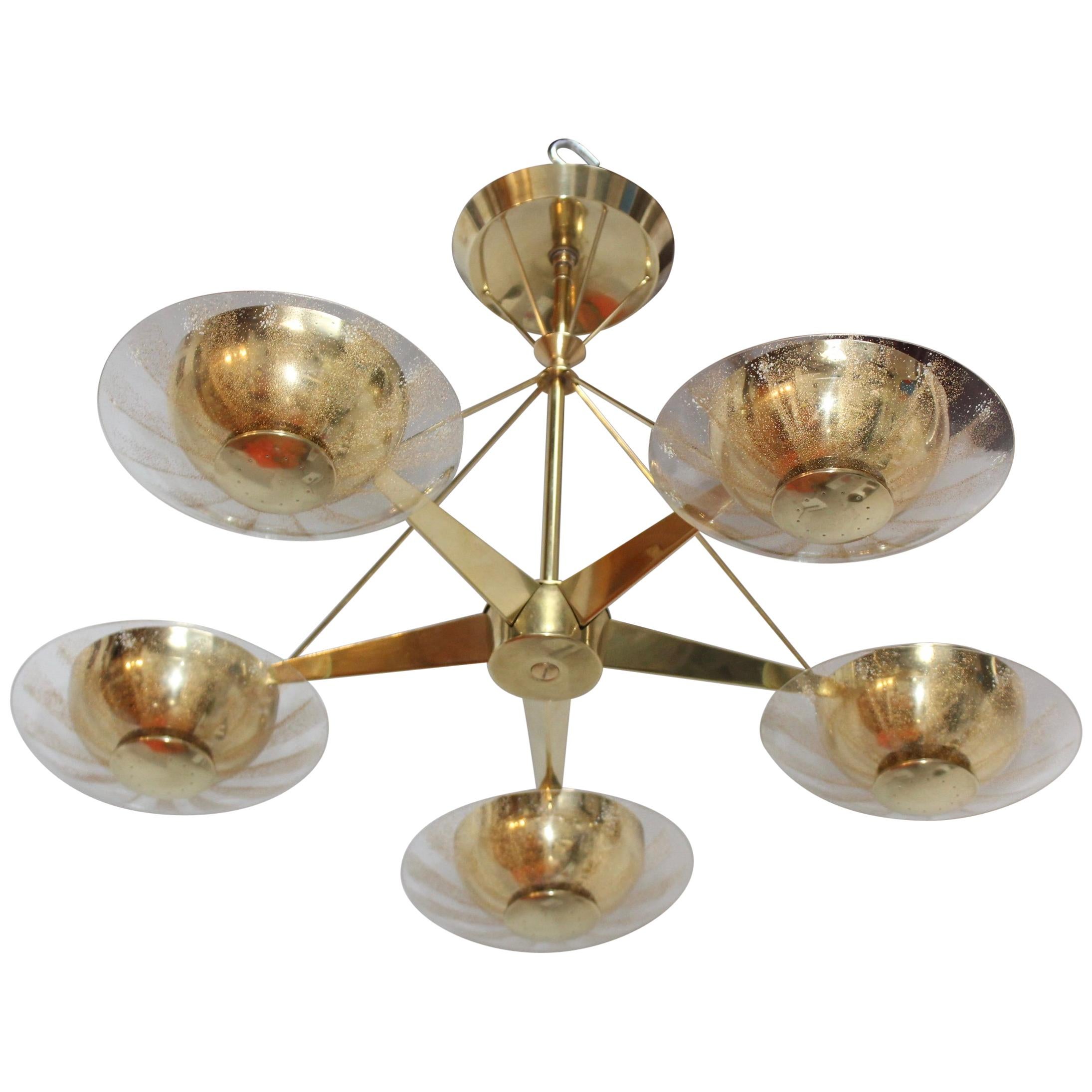 1950s Gerald Thurston for Lightolier Brass and Glass Chandelier