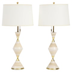 Gerald Thurston For Lightolier Hourglass Porcelain and Brass Table Lamps