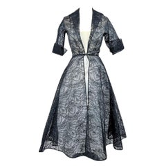 1950s Germaine Lecomte Black Calais Lace Cocktail Dress Haute Couture