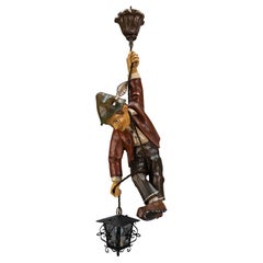 Vintage 1950s German Alpine Pendant Light Carved Painted Wood Climber with Lantern