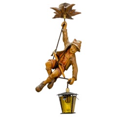 Vintage 1950s German Alpine Pendant Light Carved Wood Climber with Lantern