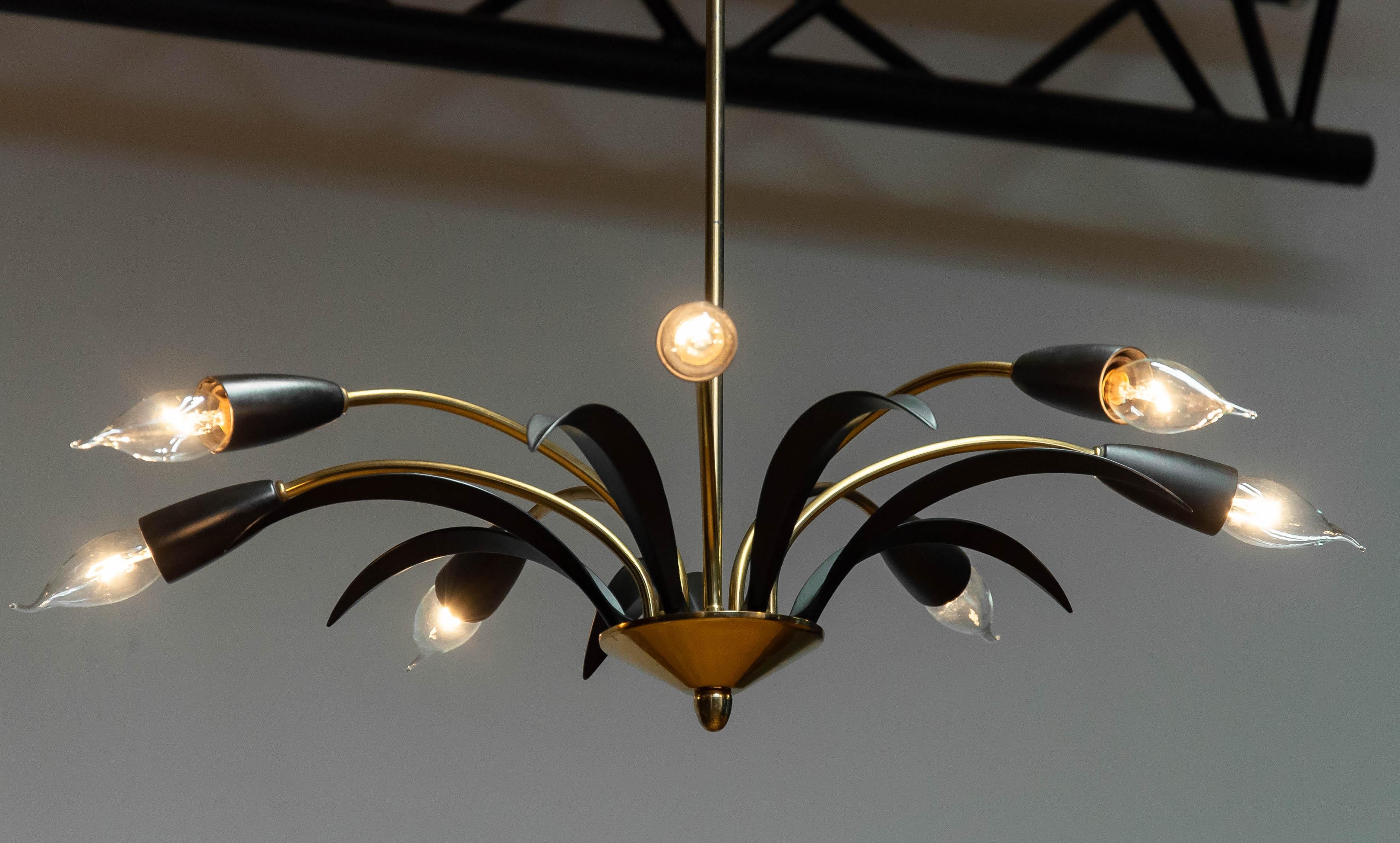 Mid-20th Century 1950s German Brass And Black Lacquer Spider / Sputnik Chandelier  For Sale