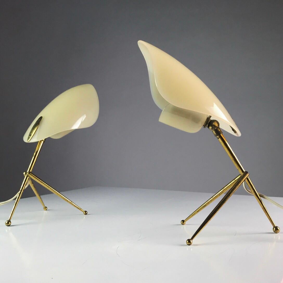 Mid-20th Century 1950s German Brass Table Lamps Stilnovo Style with Perspex Tulip Shaped Shades