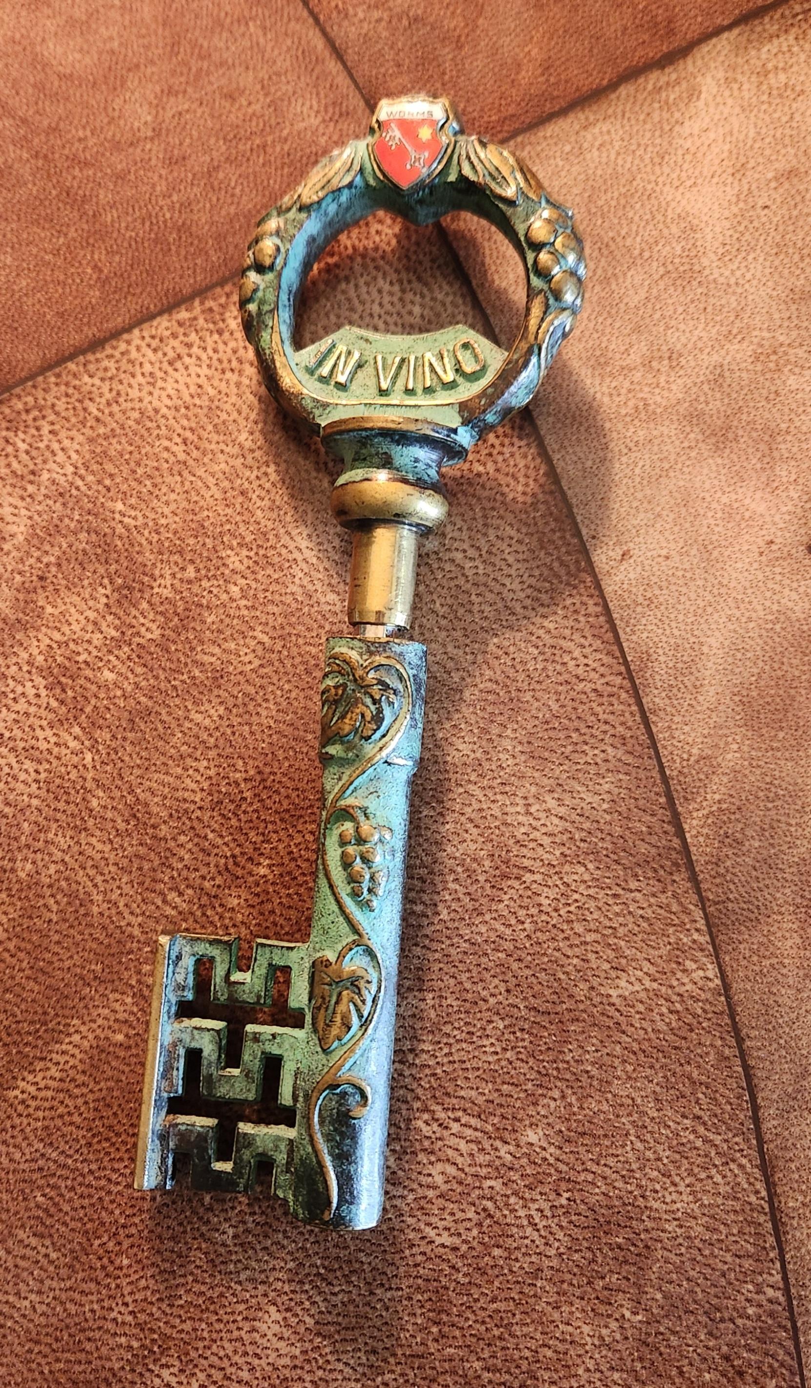 Brass 1950s German Bronze Key Corkscrew Wine Bottle Opener Worms For Sale