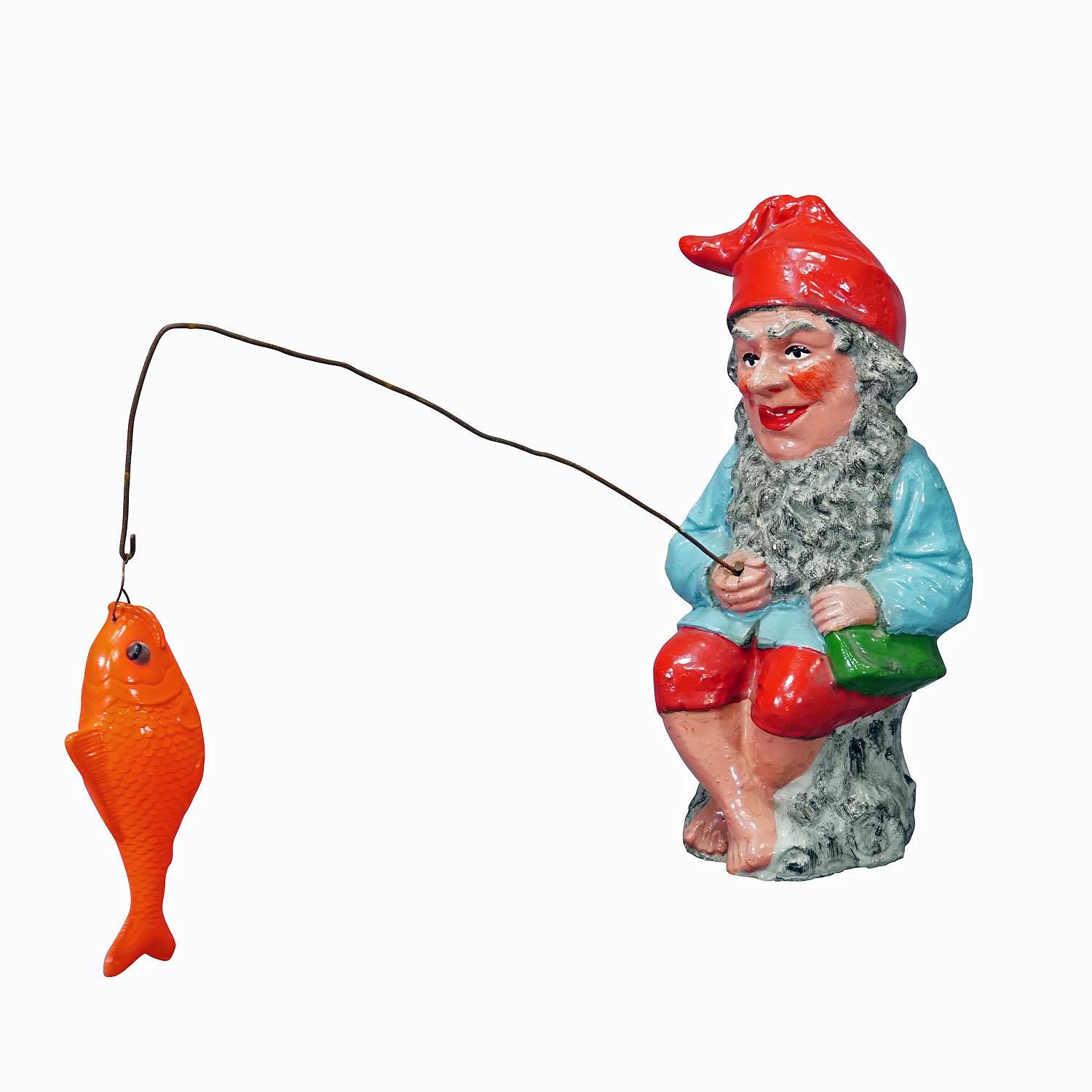 1950's German Fishing Garden Gnome
Item e7204
A rare vintage garden gnome, Germany ca. 1950s. The gnome has a fishing rod with a fish in his hand. It is made of terracotta, the fish of plastic. Good used vintage condition with signs of wear