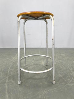 1950s German Industrial Stool with Plywood Seat