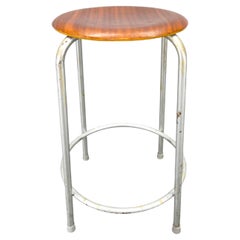 1950s German Industrial Stool with Plywood Seat