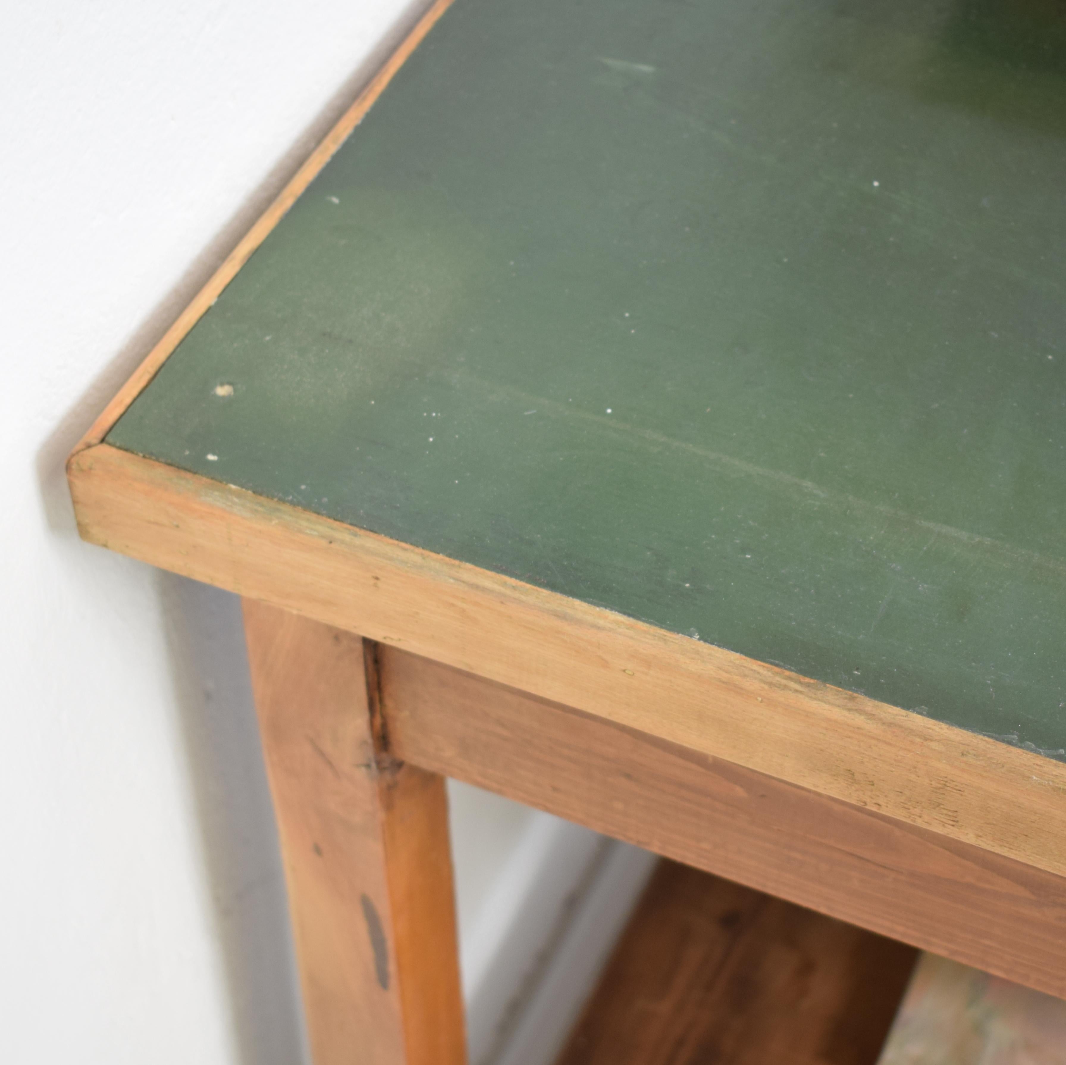 1950s German Industrial Working Table in Brown Pine with Green Linoleum Top 13