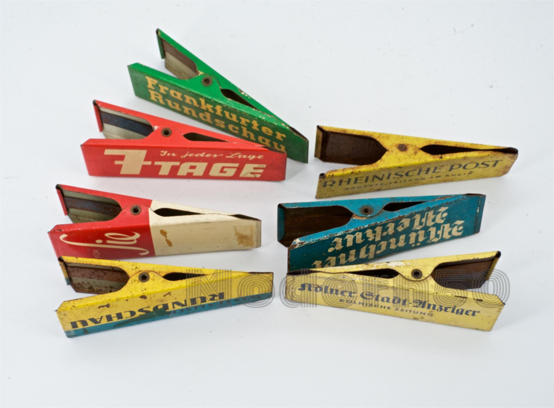 Mid-20th Century 1950s German Newspaper Advertising Tin Clips Midcentury Graphic Design Set For Sale