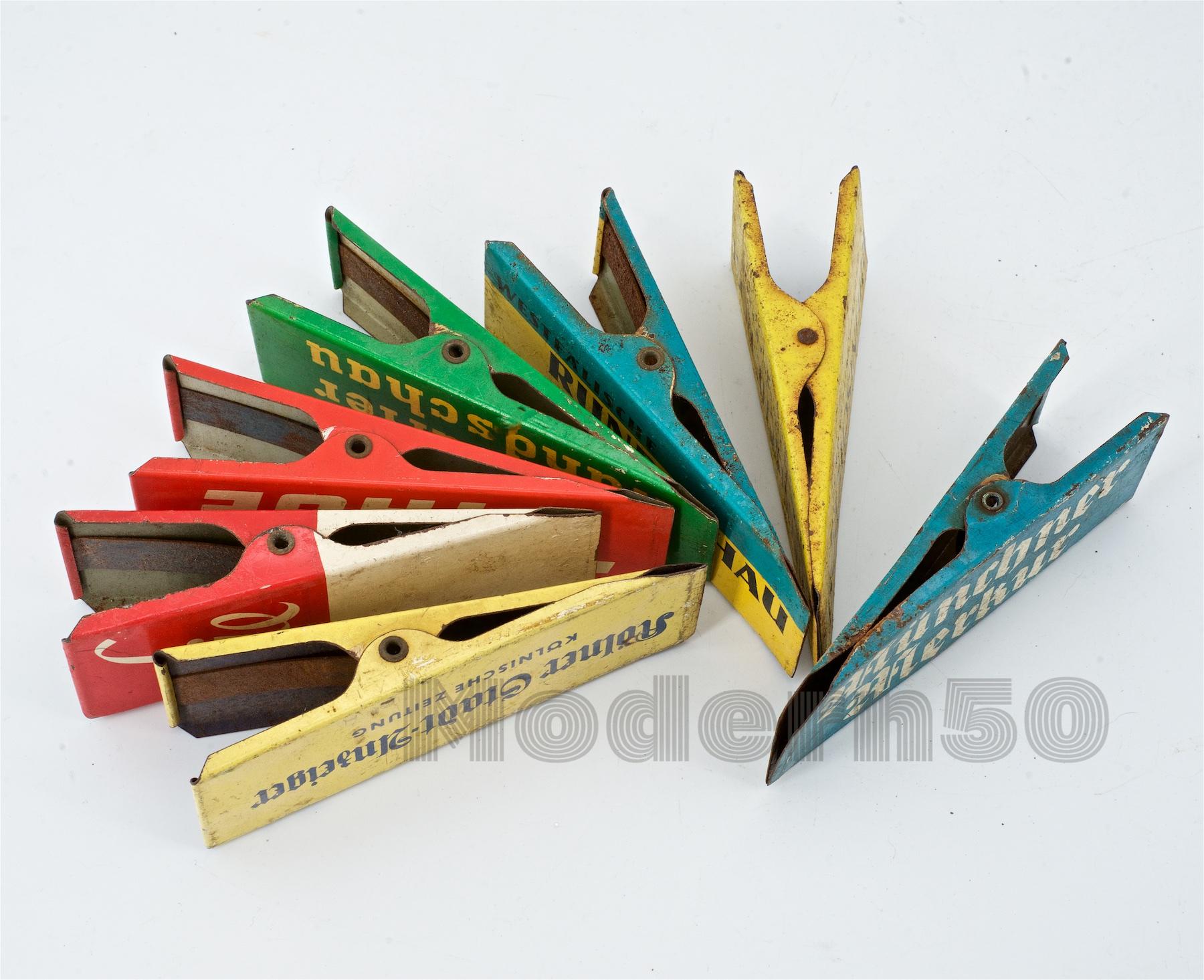 1950s German Newspaper Advertising Tin Clips Midcentury Graphic Design Set For Sale 1