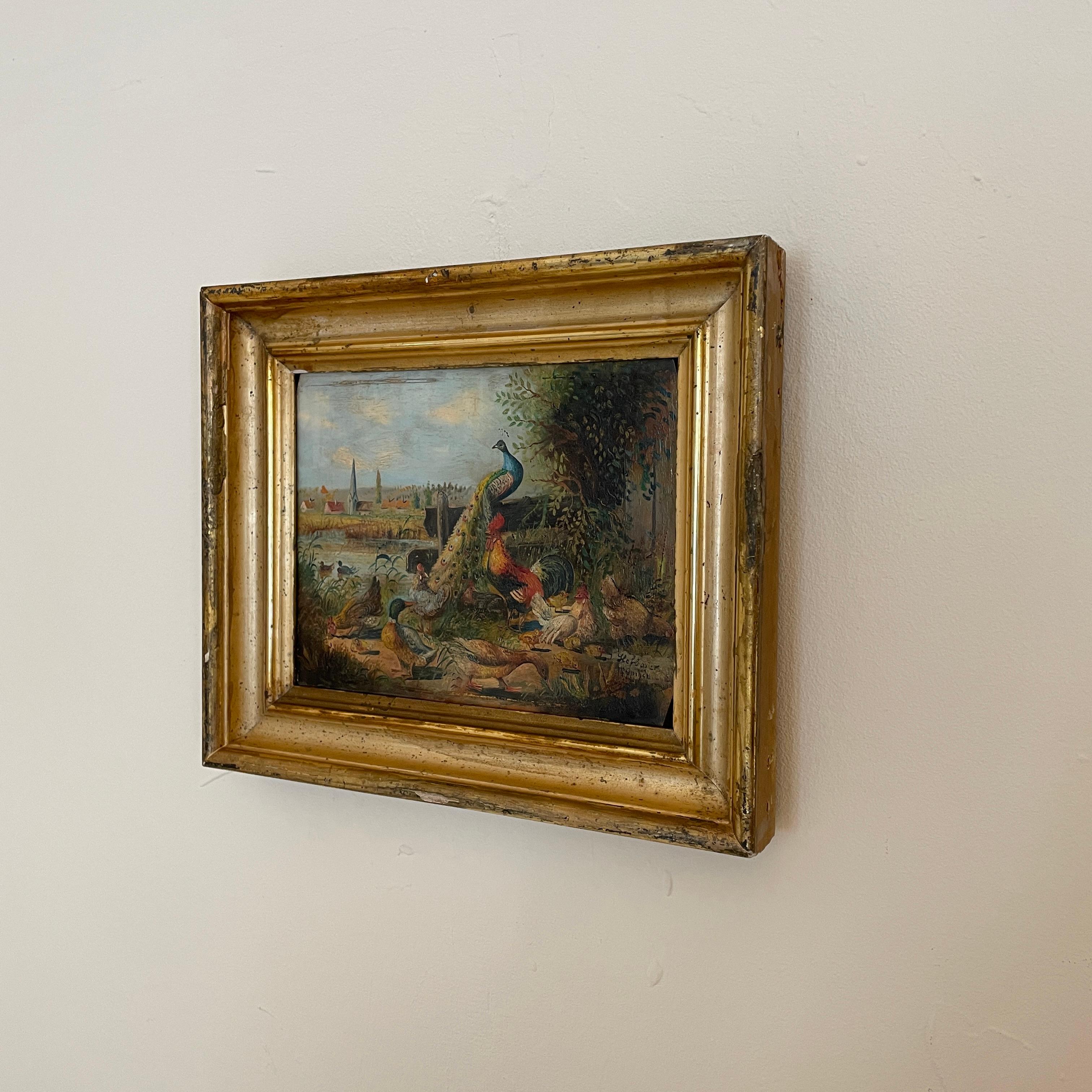 Folk Art 1950s German Oil Painting on Wood in an Old Gilded Frame by Josef Hofbauer For Sale