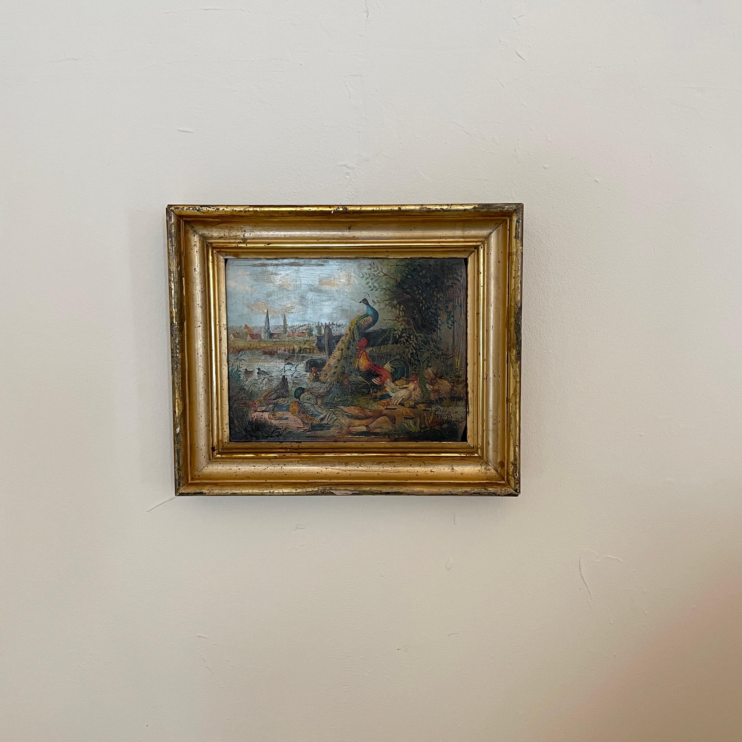 1950s German Oil Painting on Wood in an Old Gilded Frame by Josef Hofbauer For Sale 1