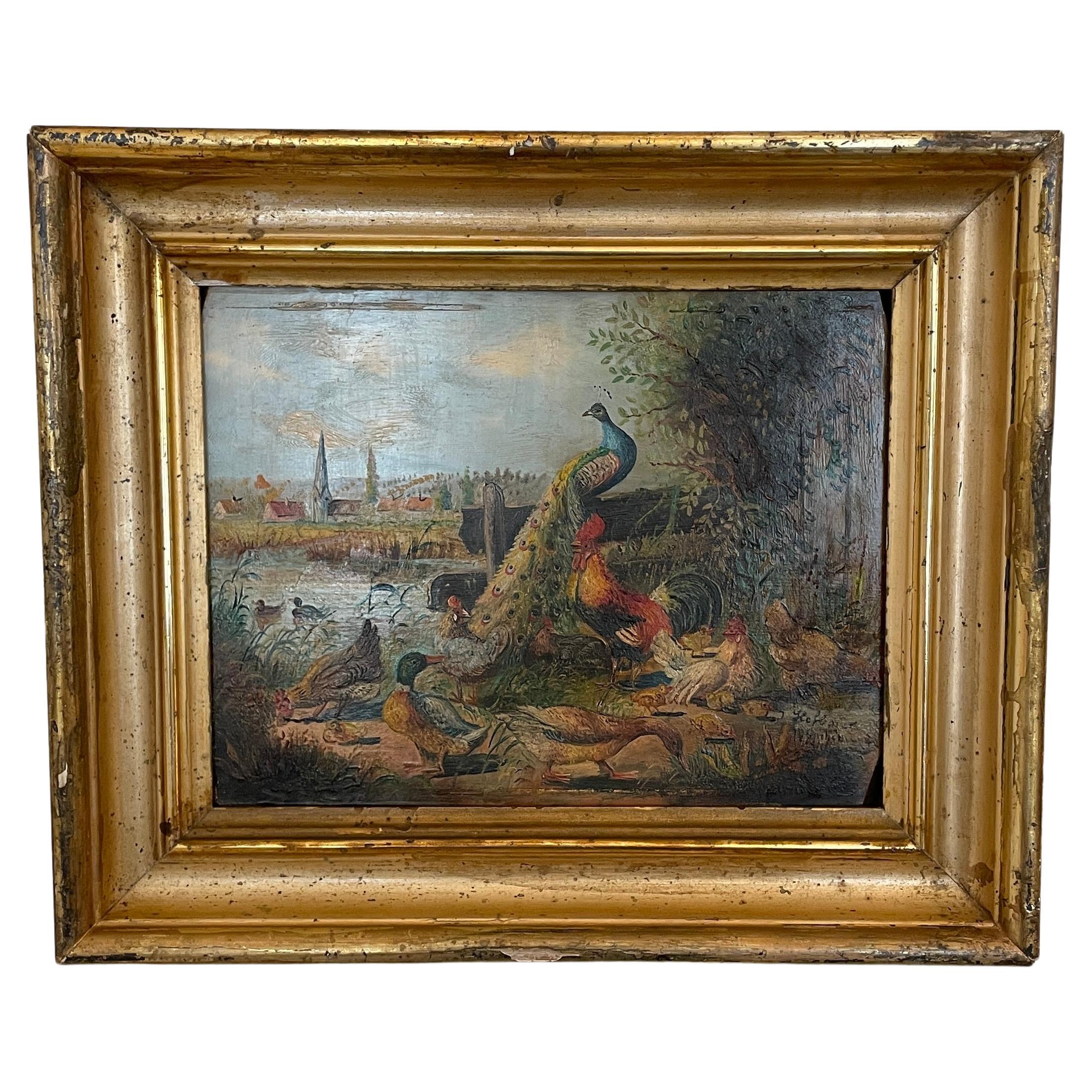 1950s German Oil Painting on Wood in an Old Gilded Frame by Josef Hofbauer