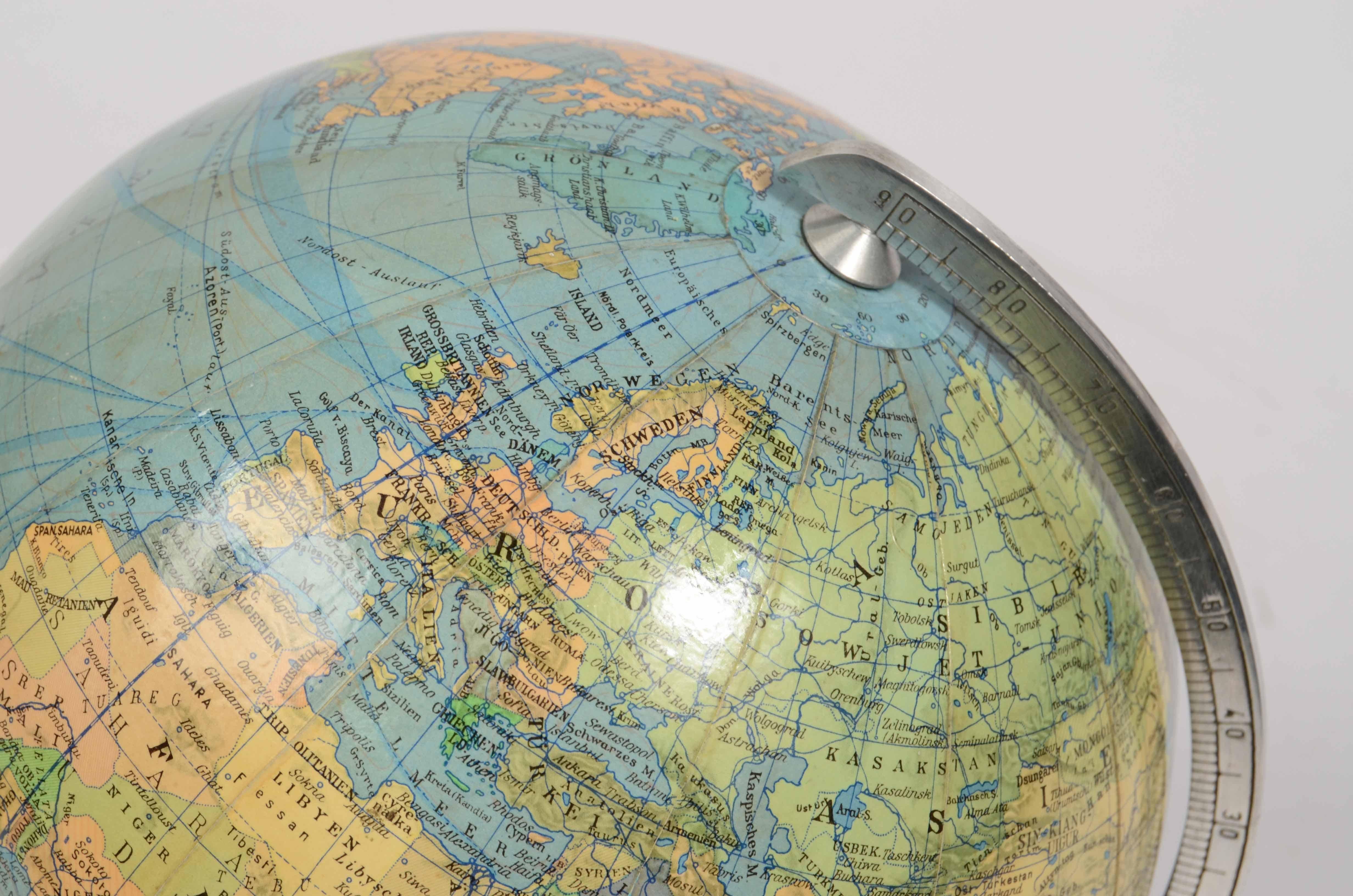 1950s German Terrestrial Globe edited by Paul Oestergaard Papier Maché Sphere 3